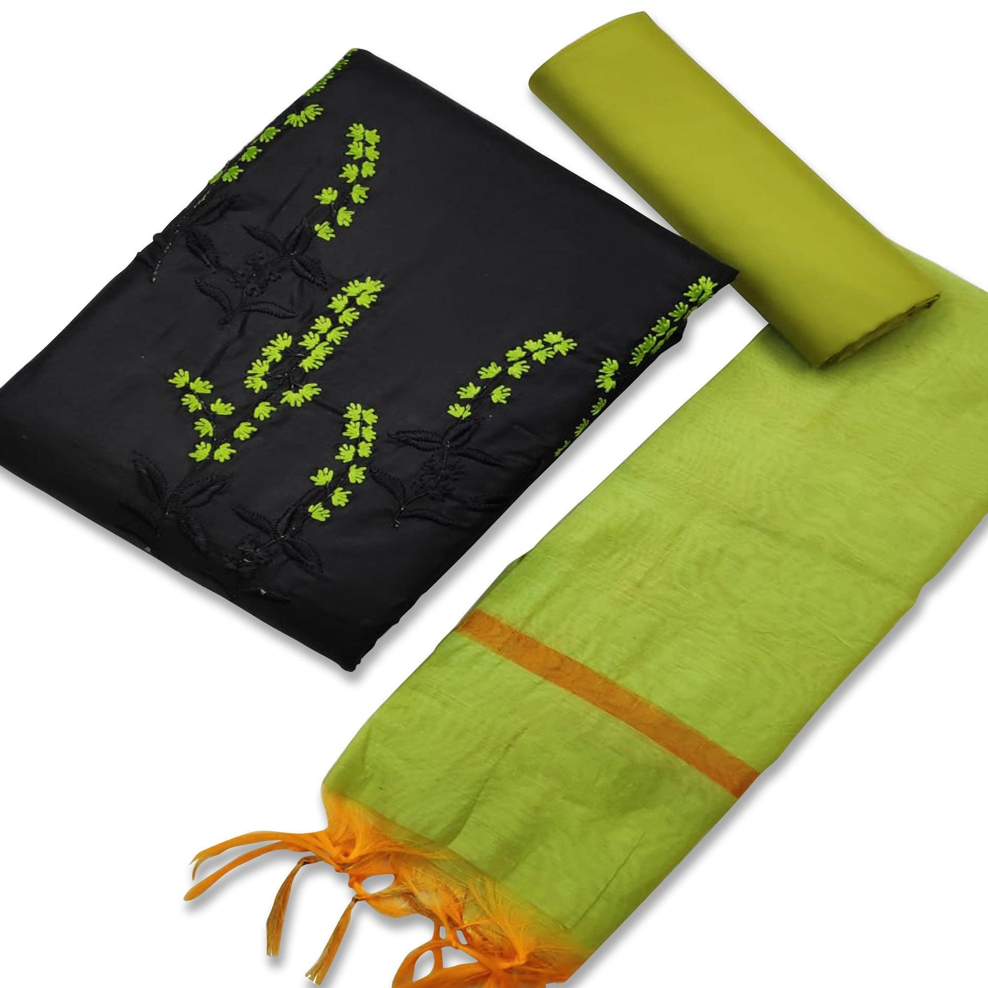Excellent Black-Green Colored Casual Wear Embroidered Cotton Dress Material