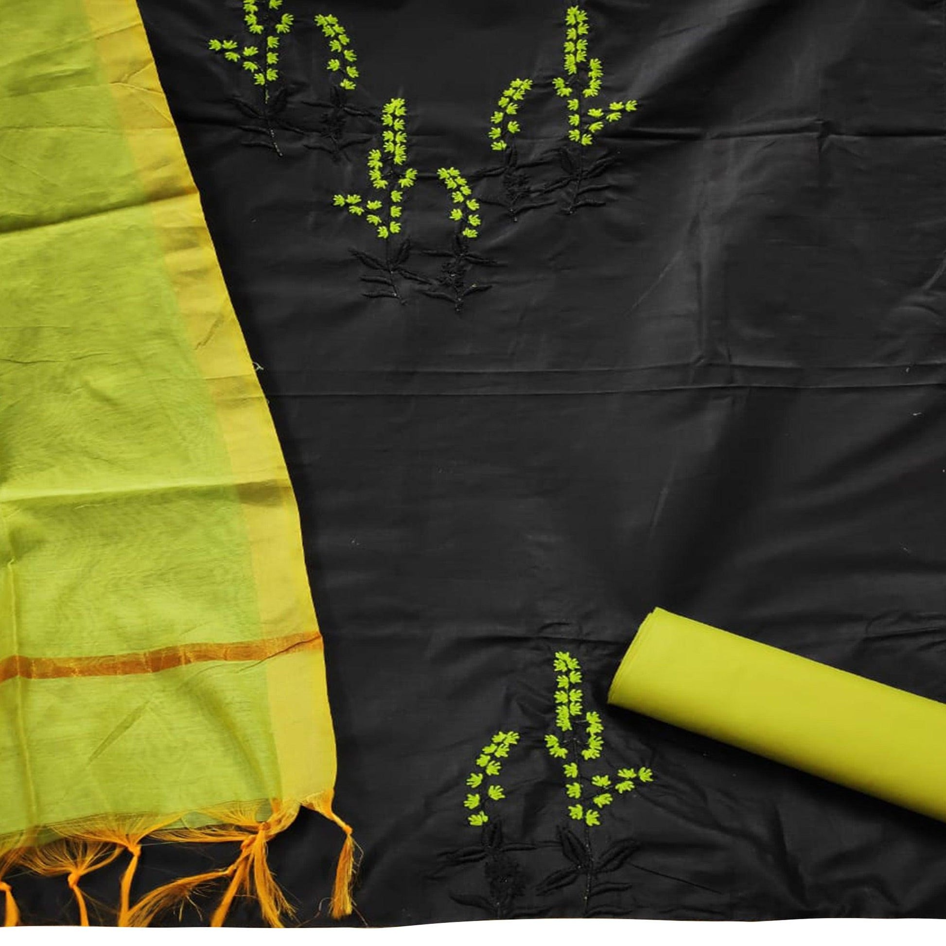Excellent Black-Green Colored Casual Wear Embroidered Cotton Dress Material