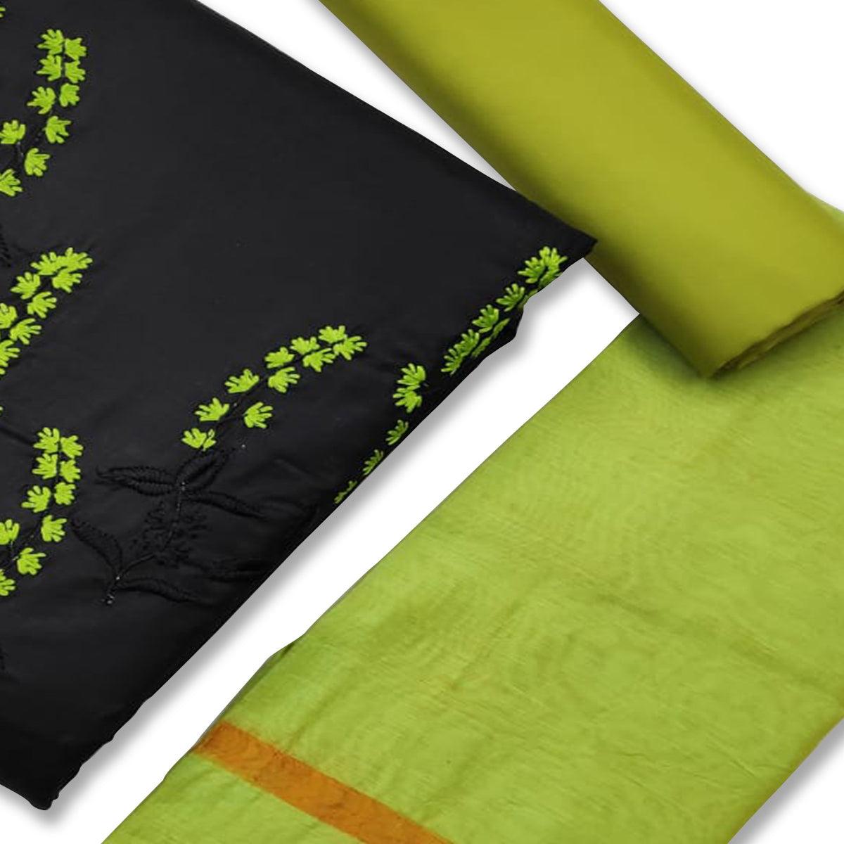 Excellent Black-Green Colored Casual Wear Embroidered Cotton Dress Material