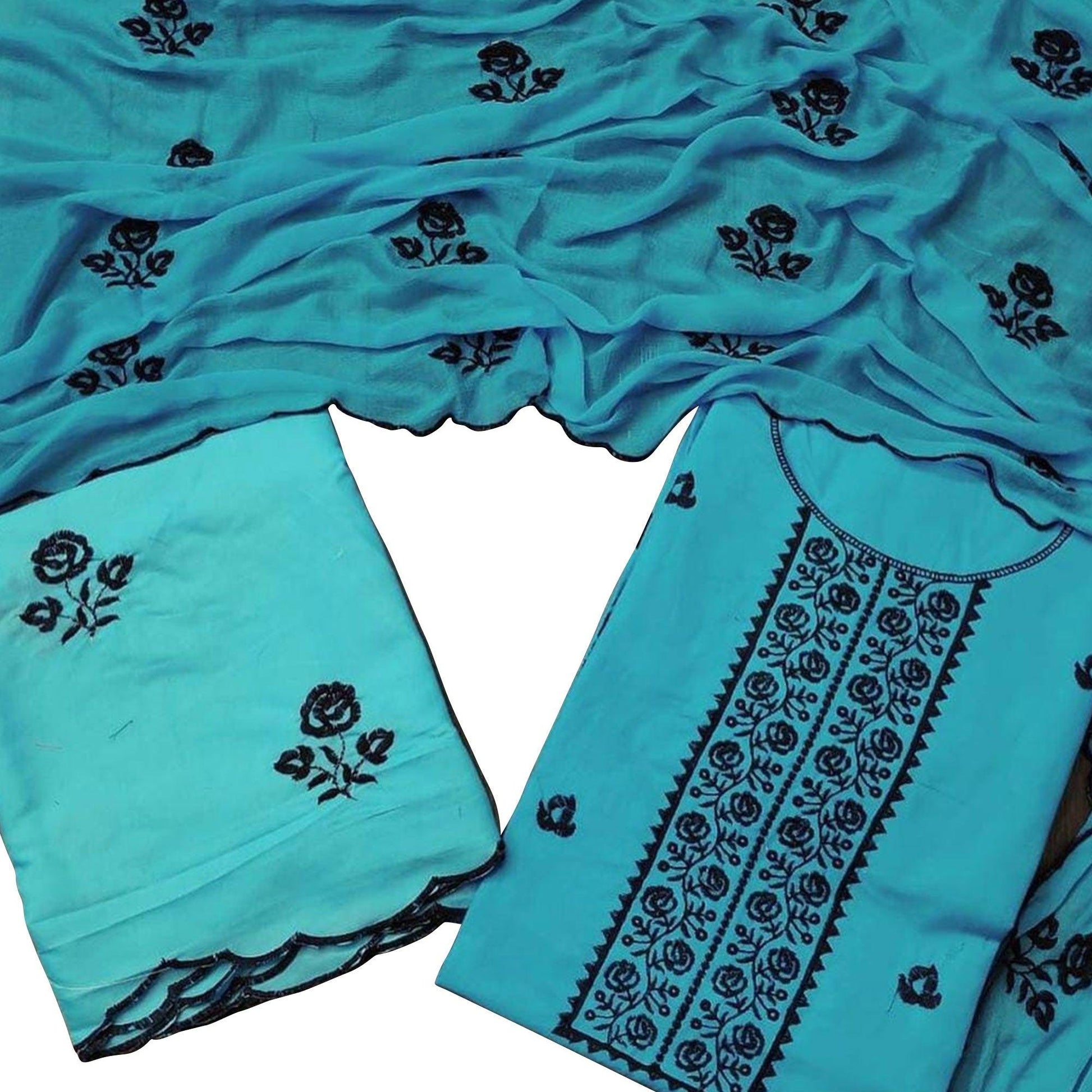 Excellent Blue Colored Casual Floral Embroidered Cotton Dress Material