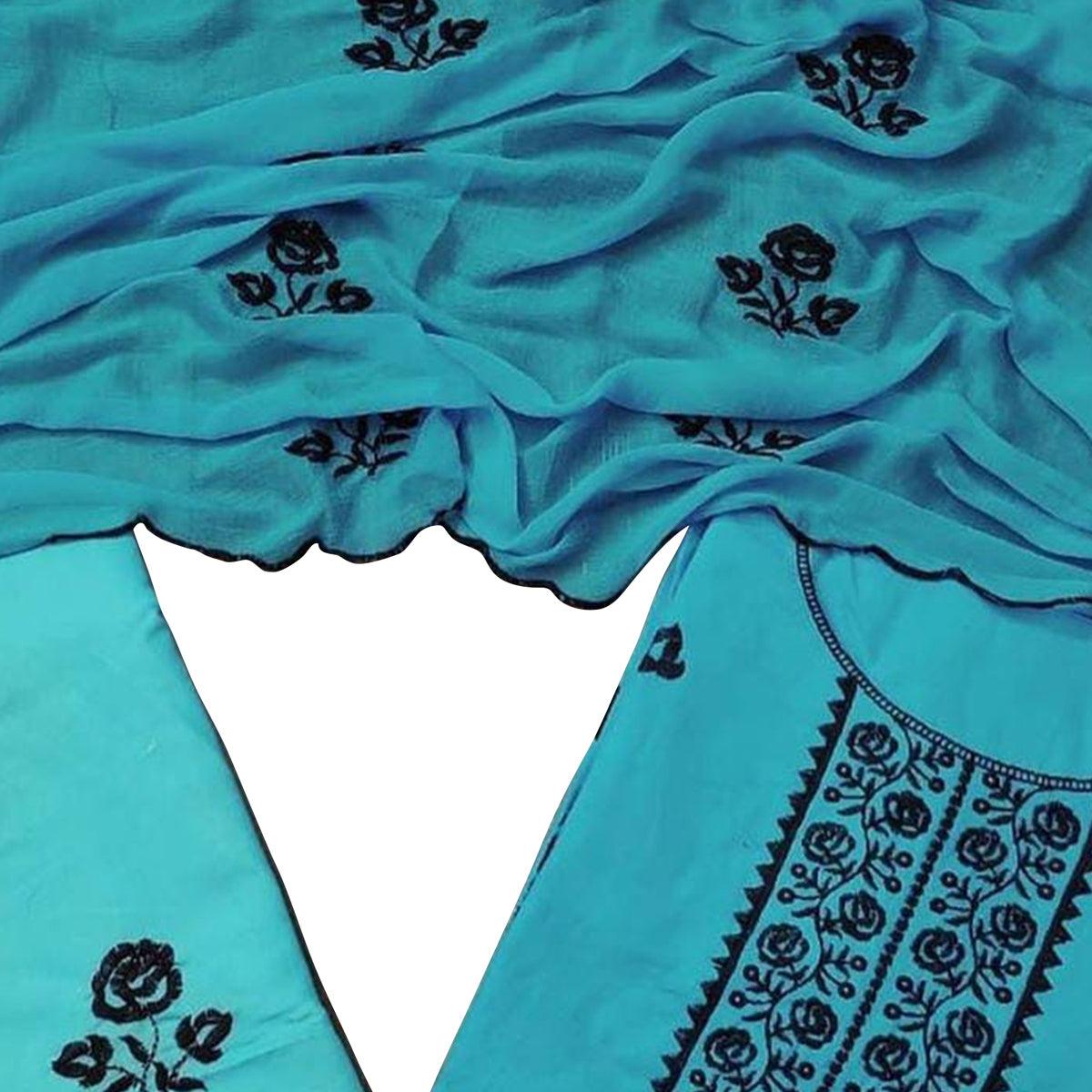 Excellent Blue Colored Casual Floral Embroidered Cotton Dress Material