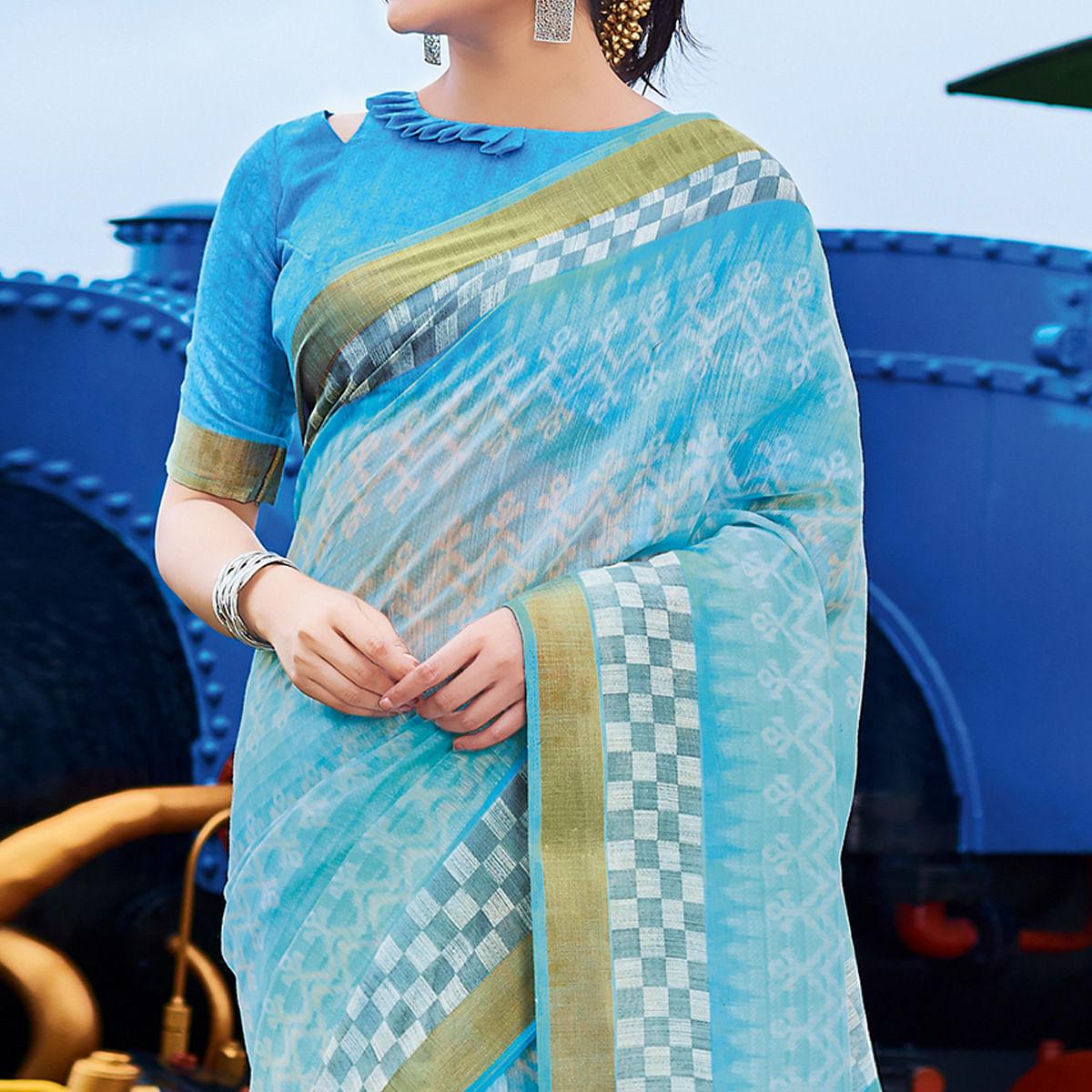 Excellent Blue Colored Casual Wear Printed Cotton Saree