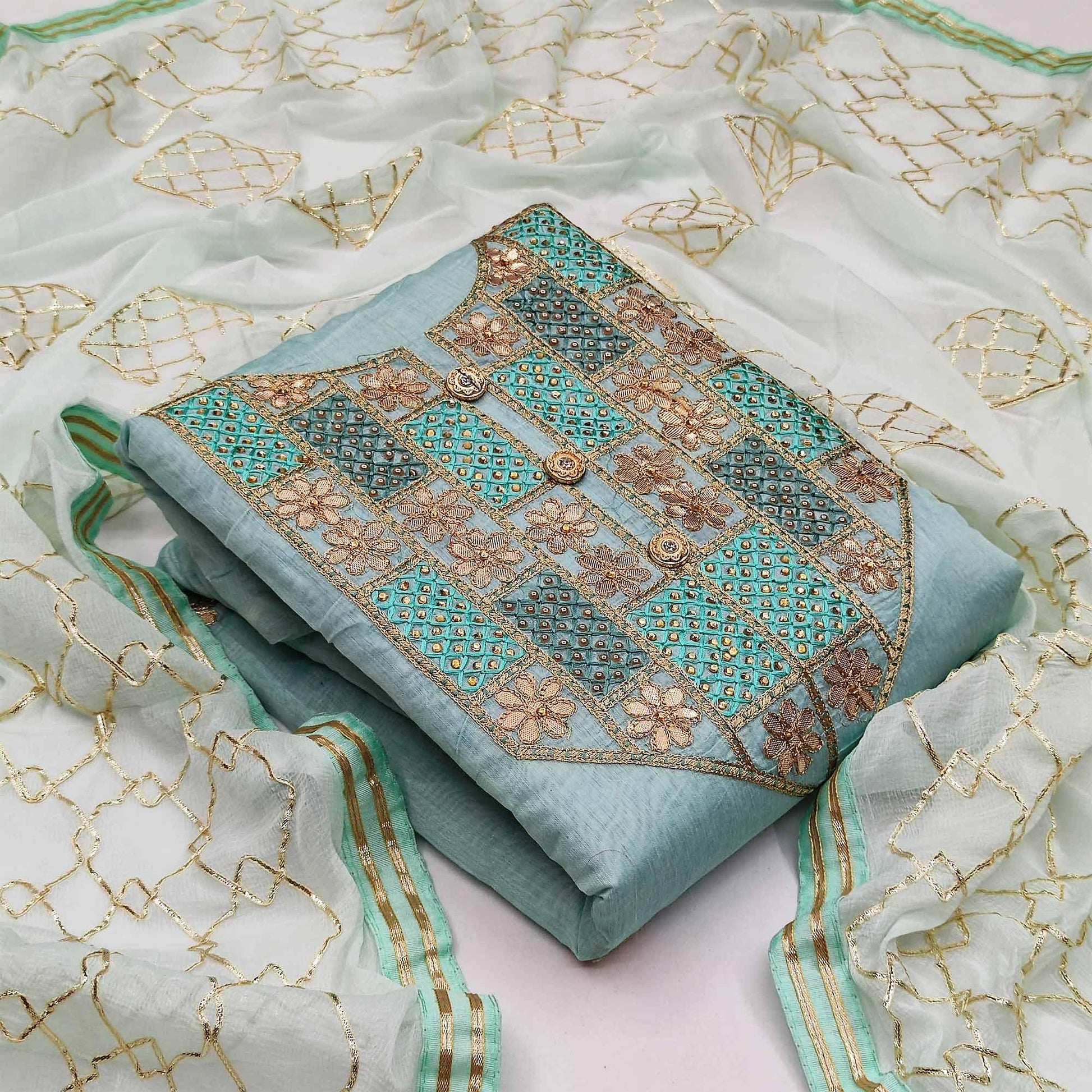 Excellent Blue Colored Festive Wear Embroidered Heavy Modal Silk Dress Material