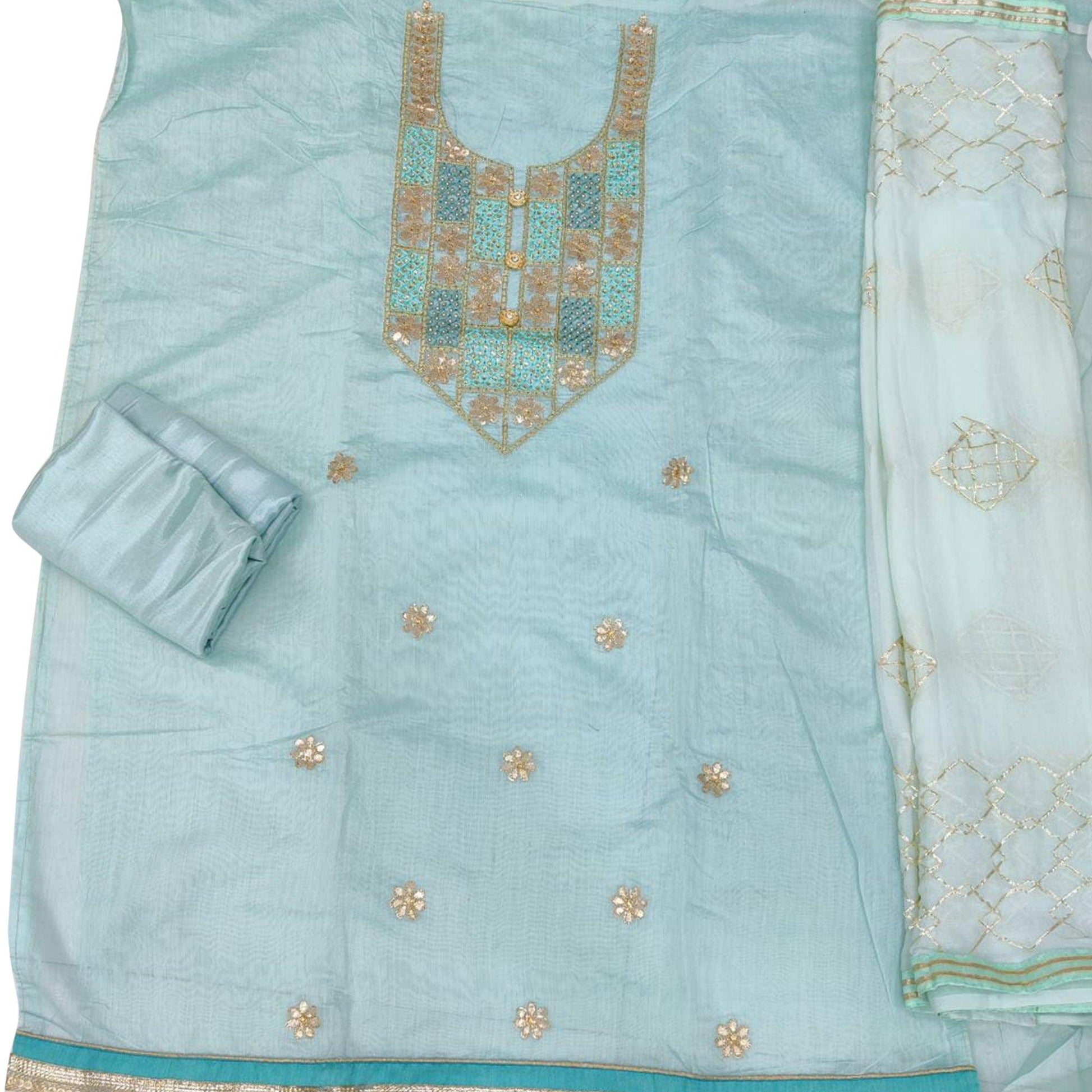 Excellent Blue Colored Festive Wear Embroidered Heavy Modal Silk Dress Material
