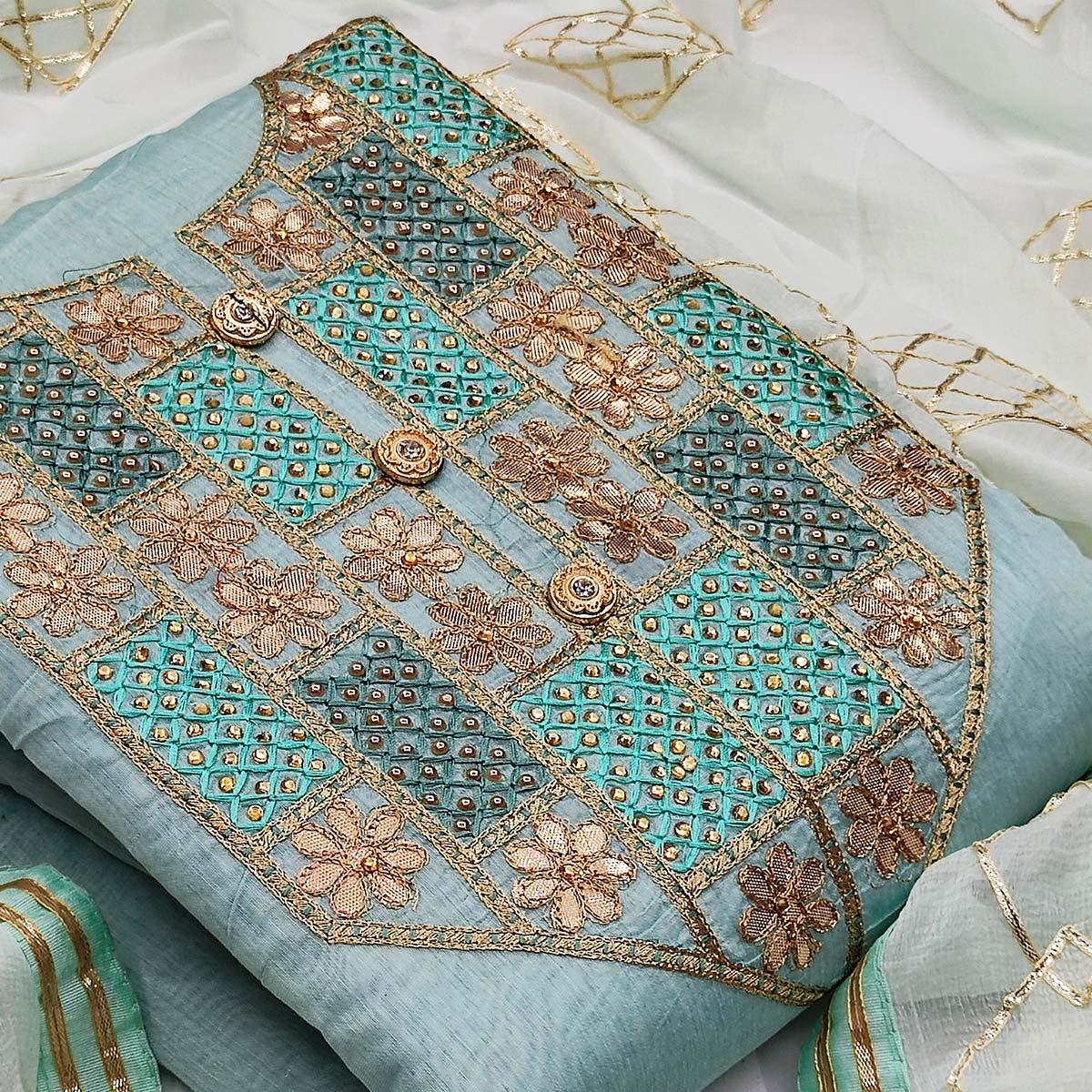 Excellent Blue Colored Festive Wear Embroidered Heavy Modal Silk Dress Material