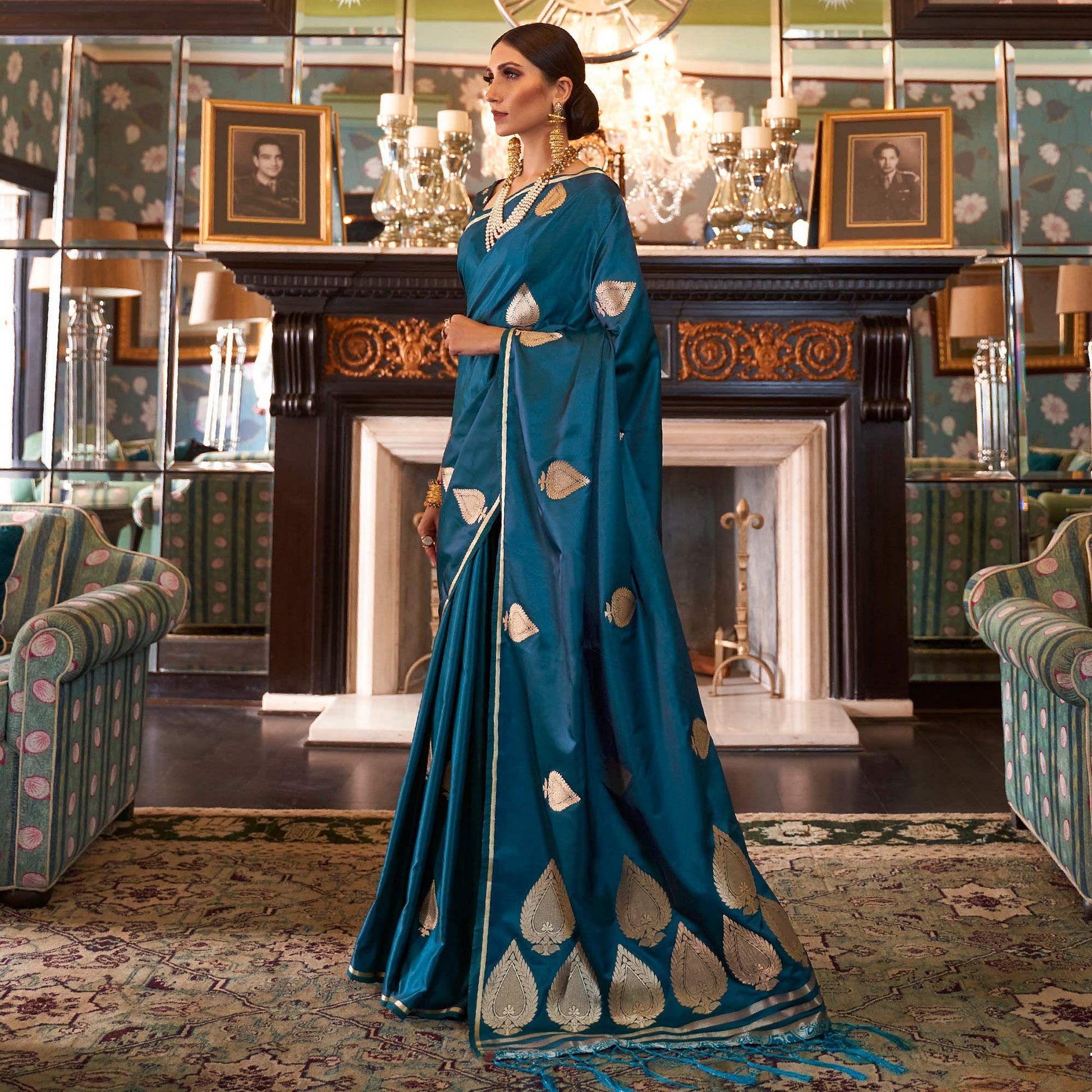 Excellent Blue Colored Festive Wear Woven Pure Satin Silk Saree