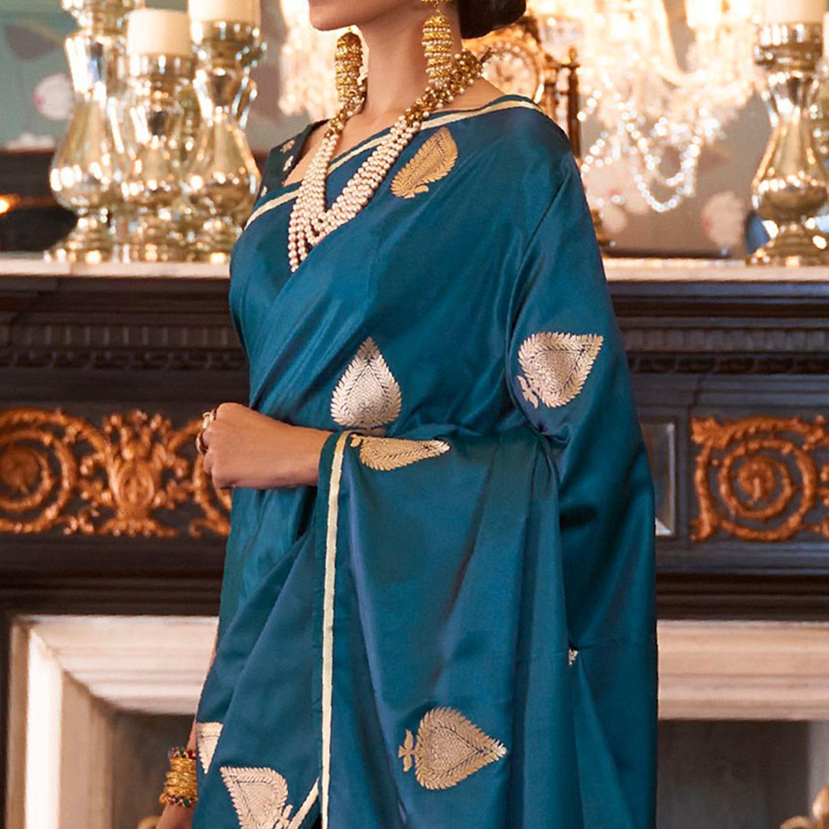 Excellent Blue Colored Festive Wear Woven Pure Satin Silk Saree