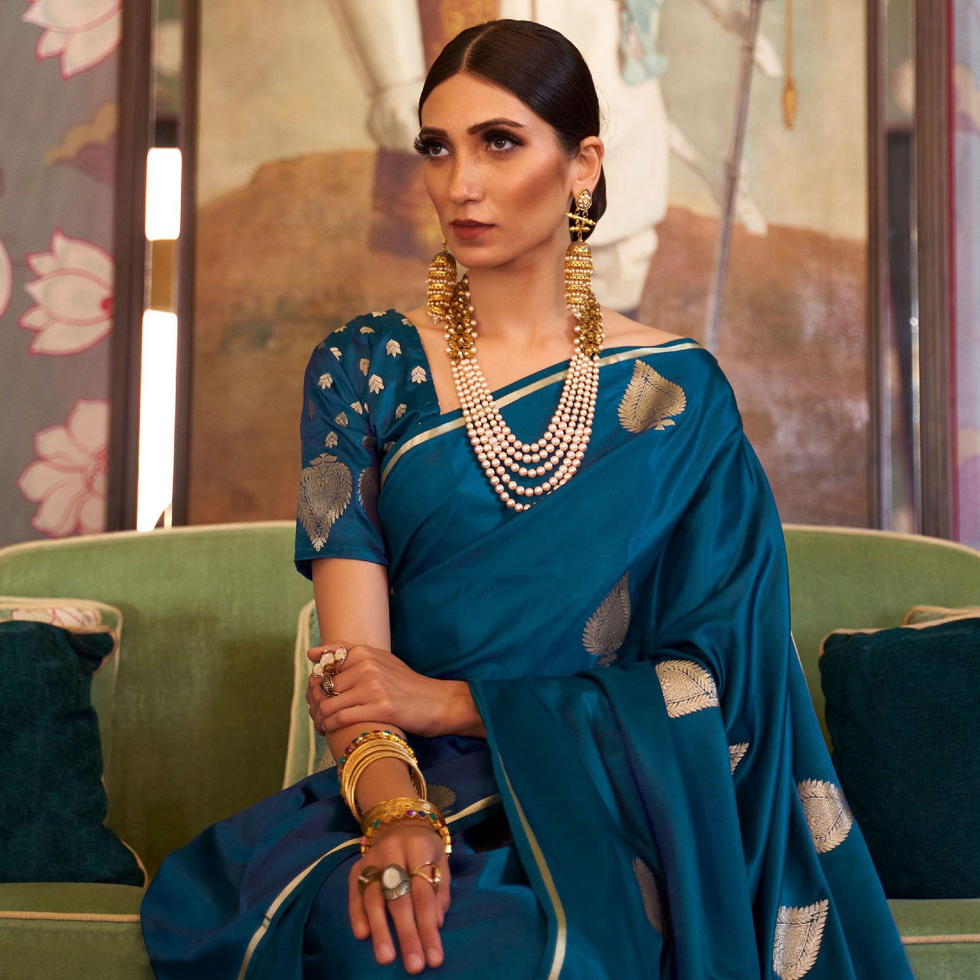 Excellent Blue Colored Festive Wear Woven Pure Satin Silk Saree