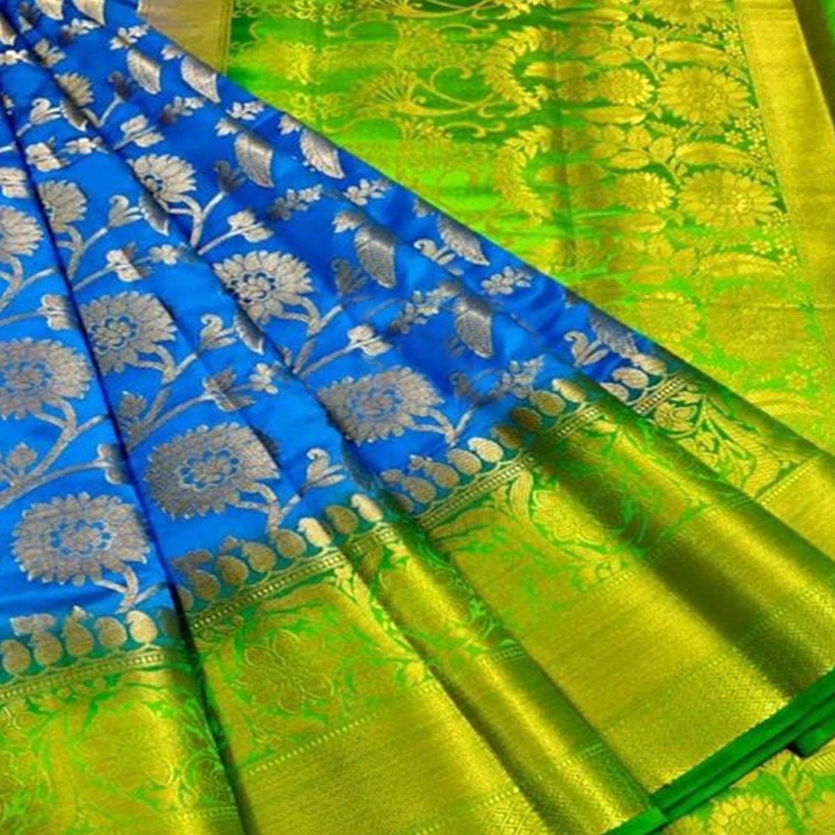 Excellent Blue Colored Festive Wear Woven Silk Blend Saree