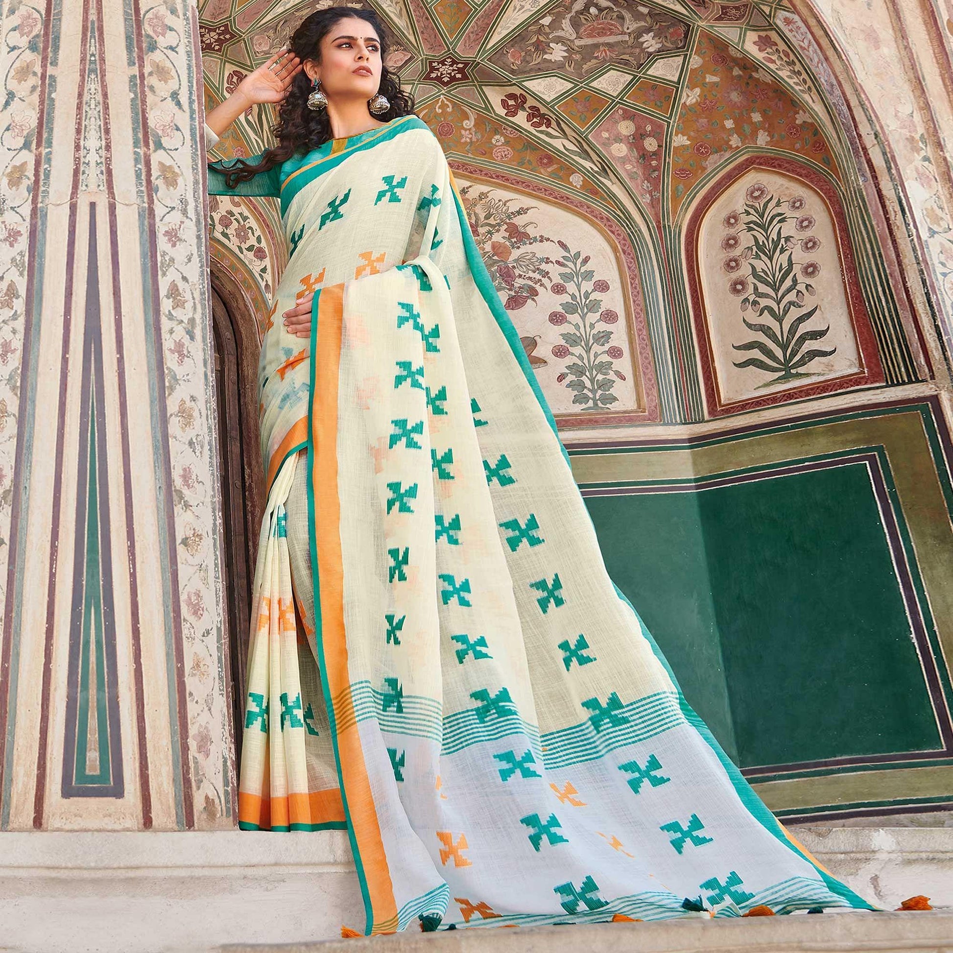 Excellent Cream Colored Casual Printed Linen Cotton Saree With Tassels
