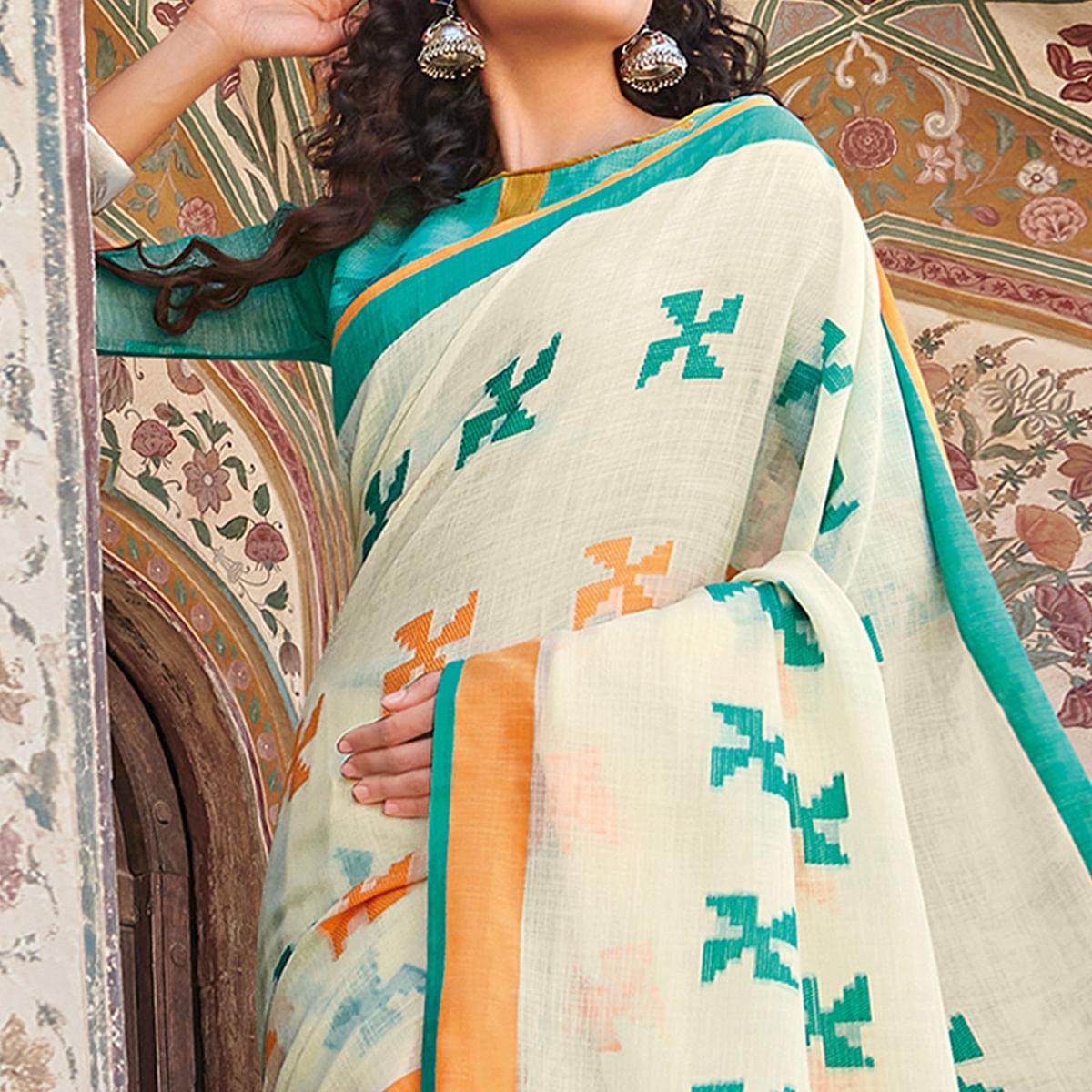 Excellent Cream Colored Casual Printed Linen Cotton Saree With Tassels