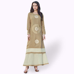 Excellent Dark Beige Colored Partywear Embroidered Rayon Kurti