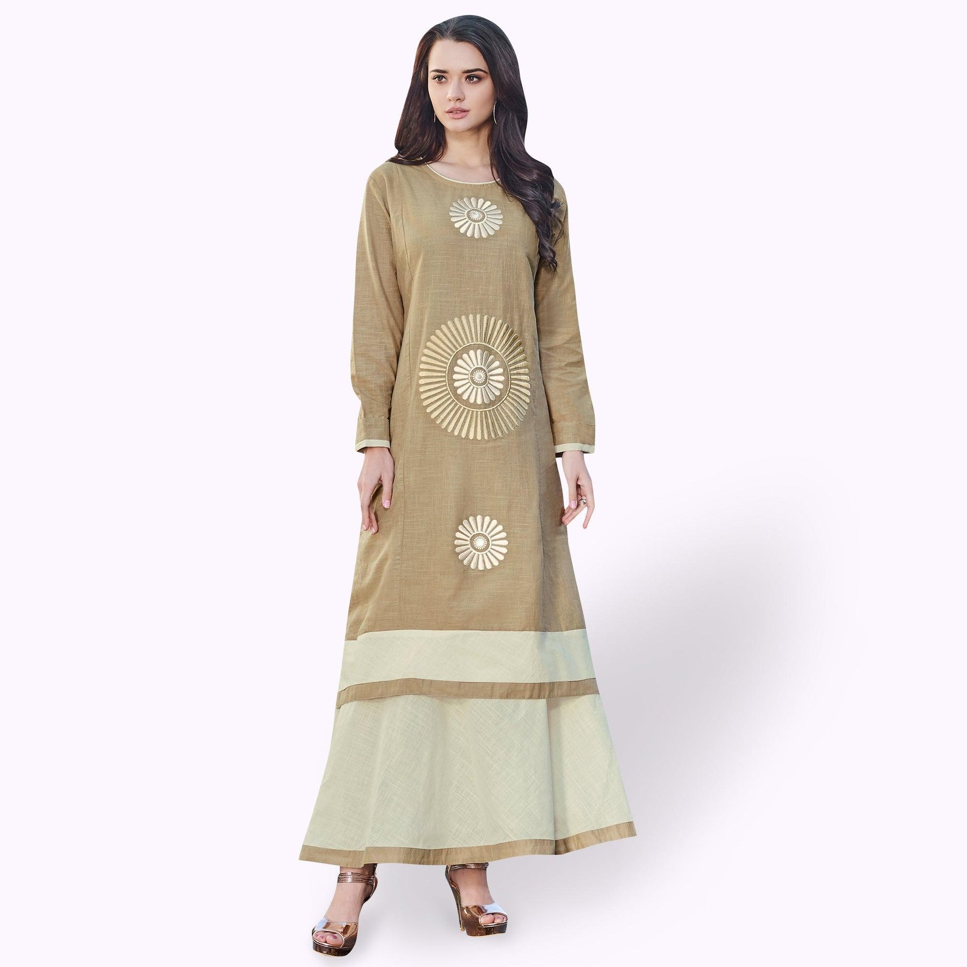 Excellent Dark Beige Colored Partywear Embroidered Rayon Kurti