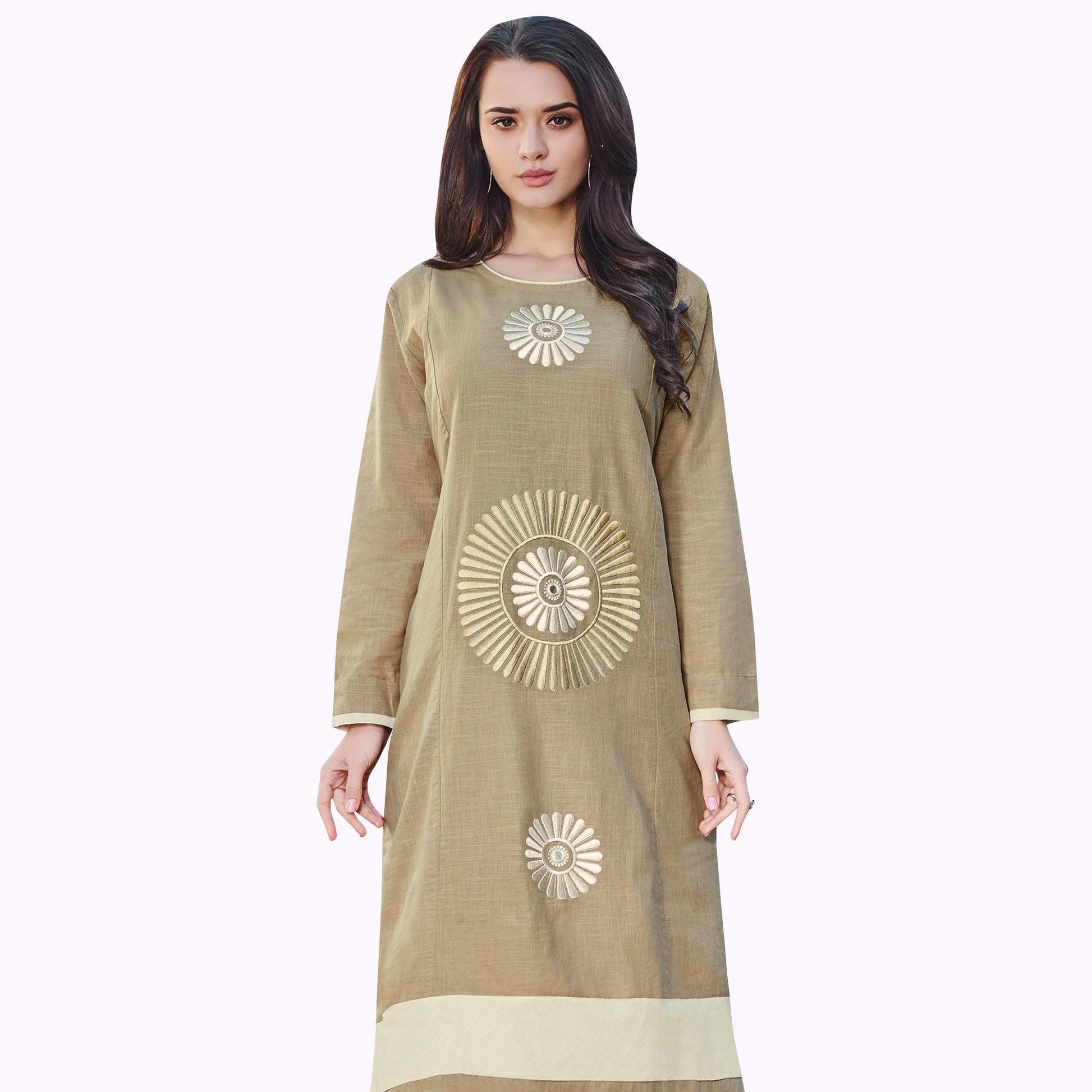 Excellent Dark Beige Colored Partywear Embroidered Rayon Kurti