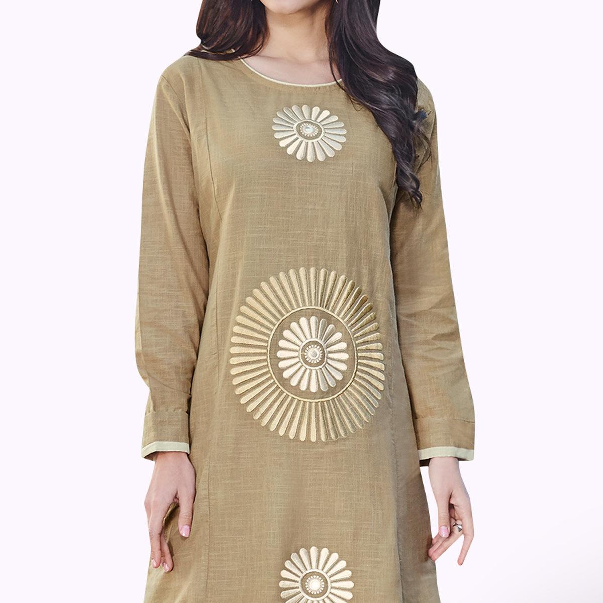 Excellent Dark Beige Colored Partywear Embroidered Rayon Kurti