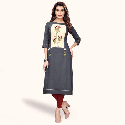 Excellent Gray Colored Partywear Embroidered Rayon Kurti