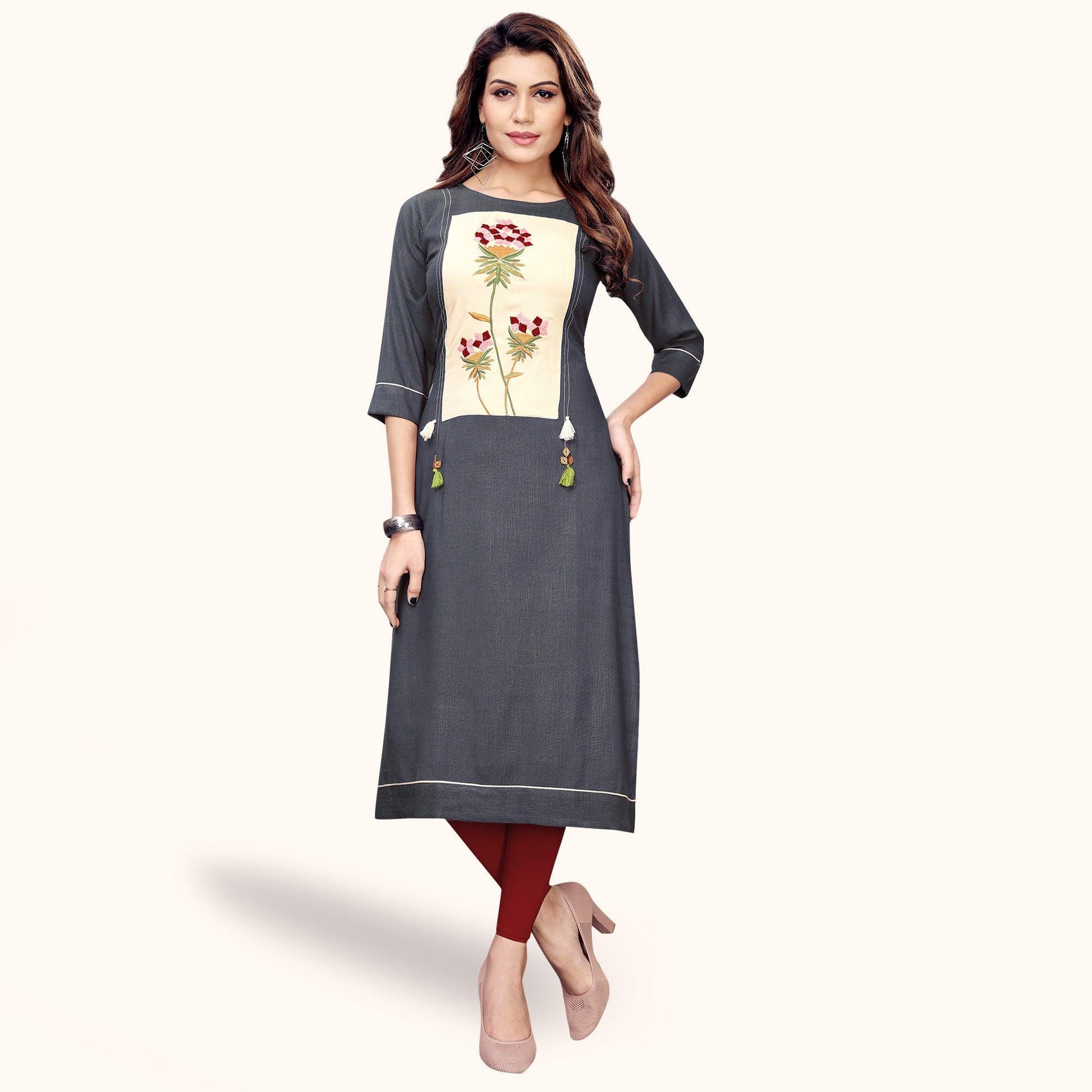 Excellent Gray Colored Partywear Embroidered Rayon Kurti