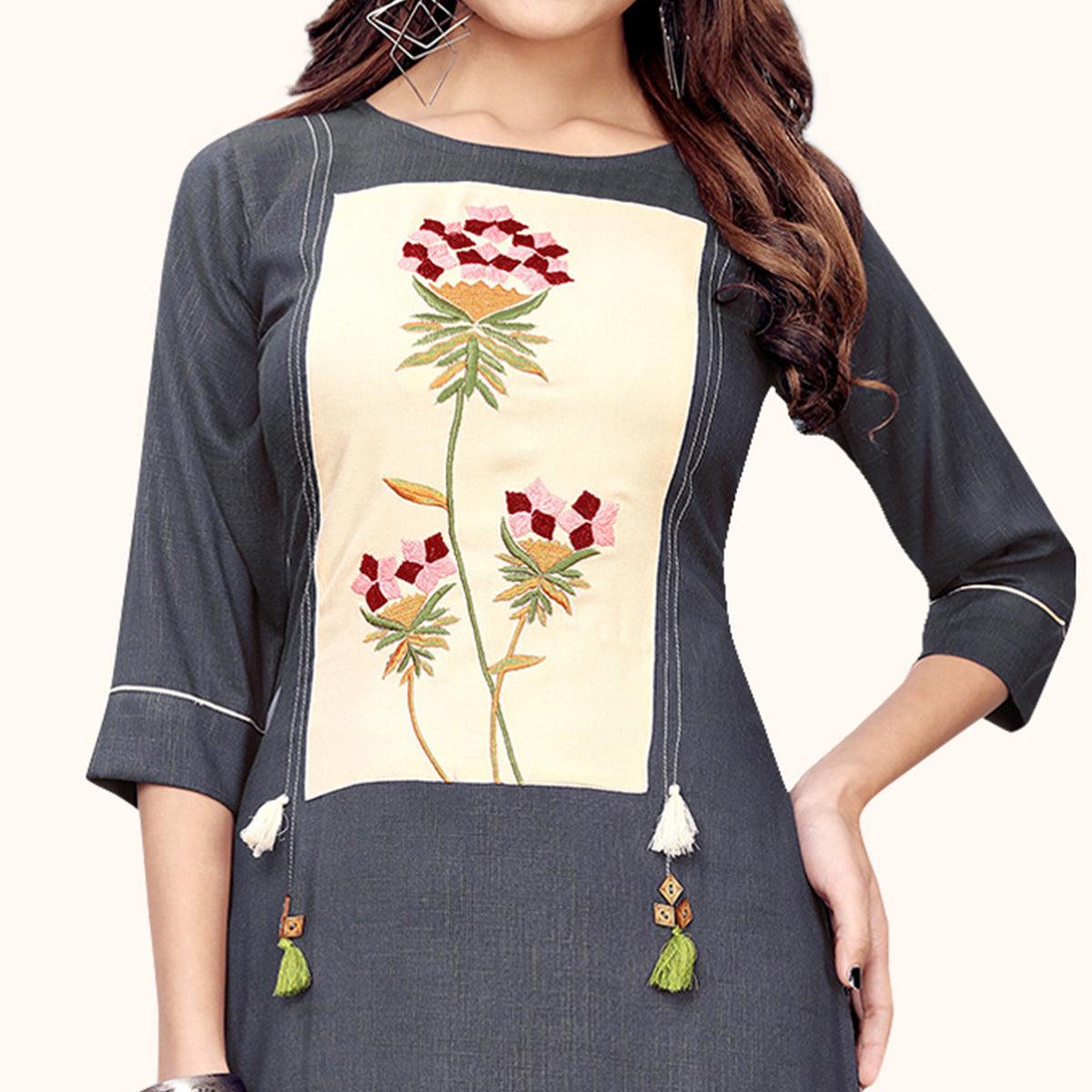 Excellent Gray Colored Partywear Embroidered Rayon Kurti