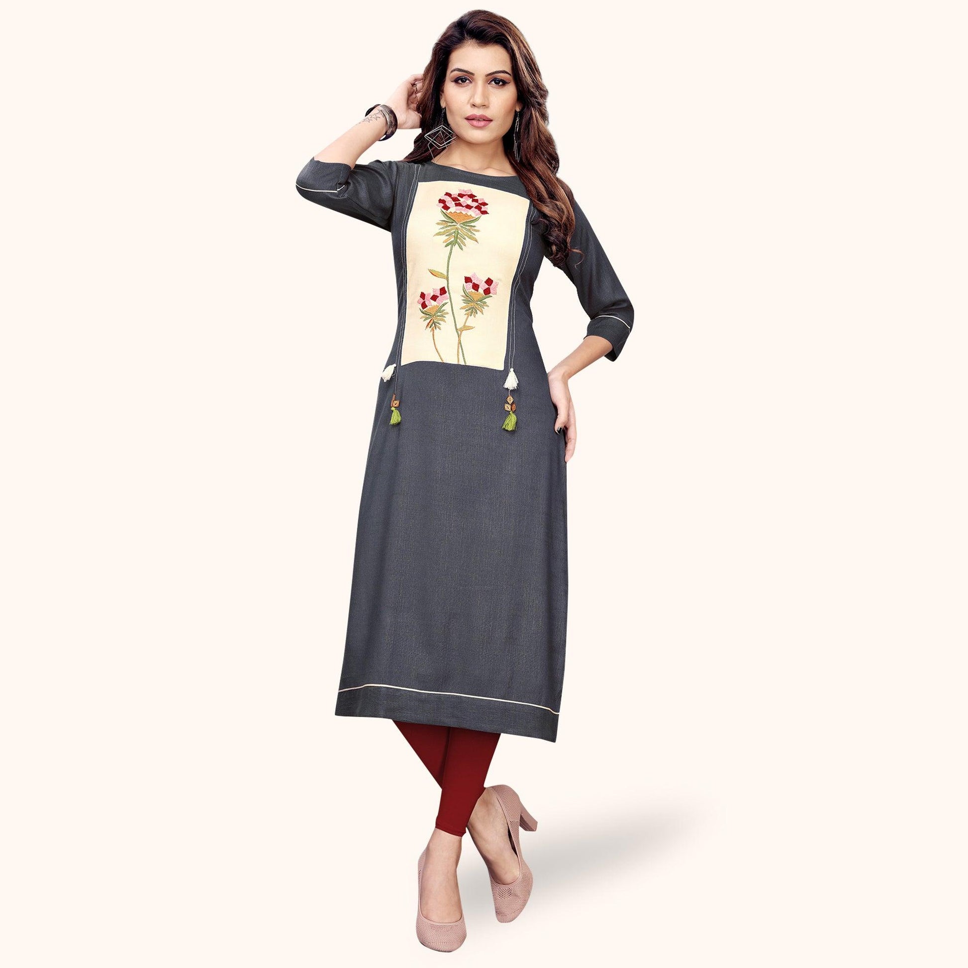 Excellent Gray Colored Partywear Embroidered Rayon Kurti