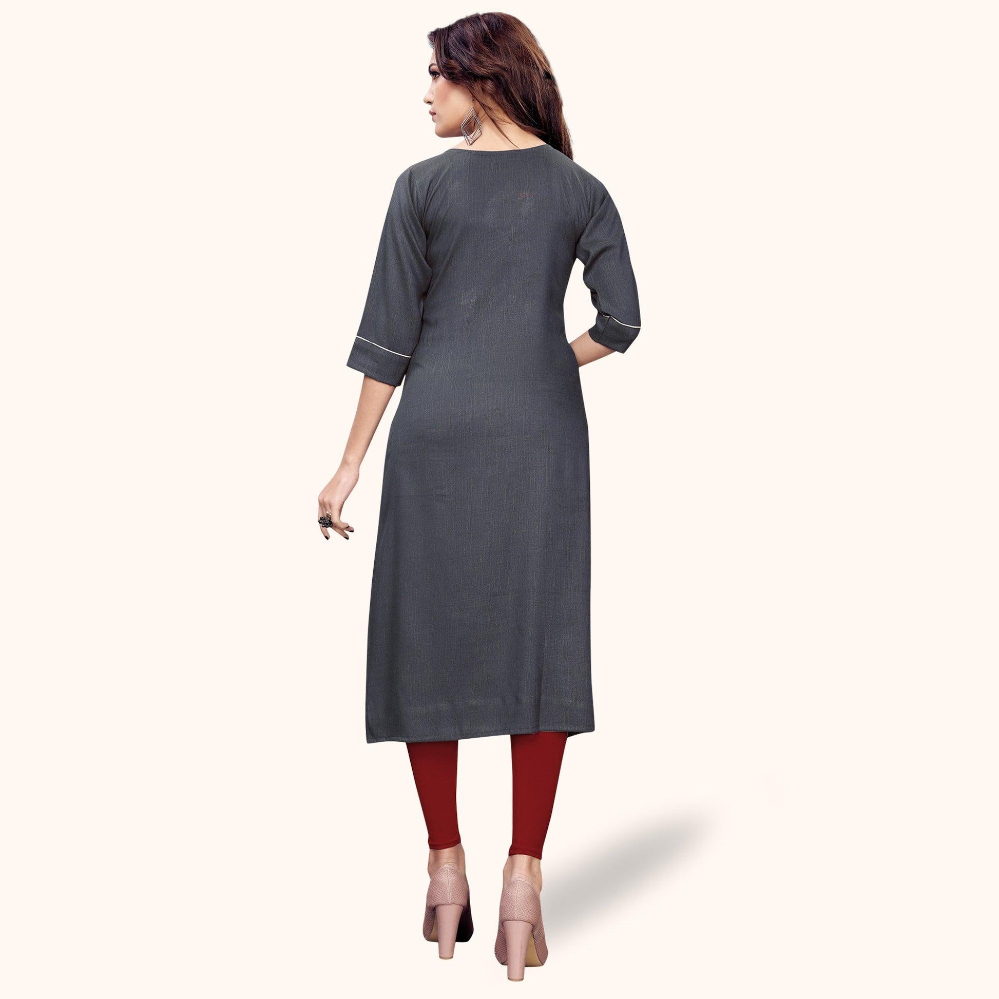 Excellent Gray Colored Partywear Embroidered Rayon Kurti