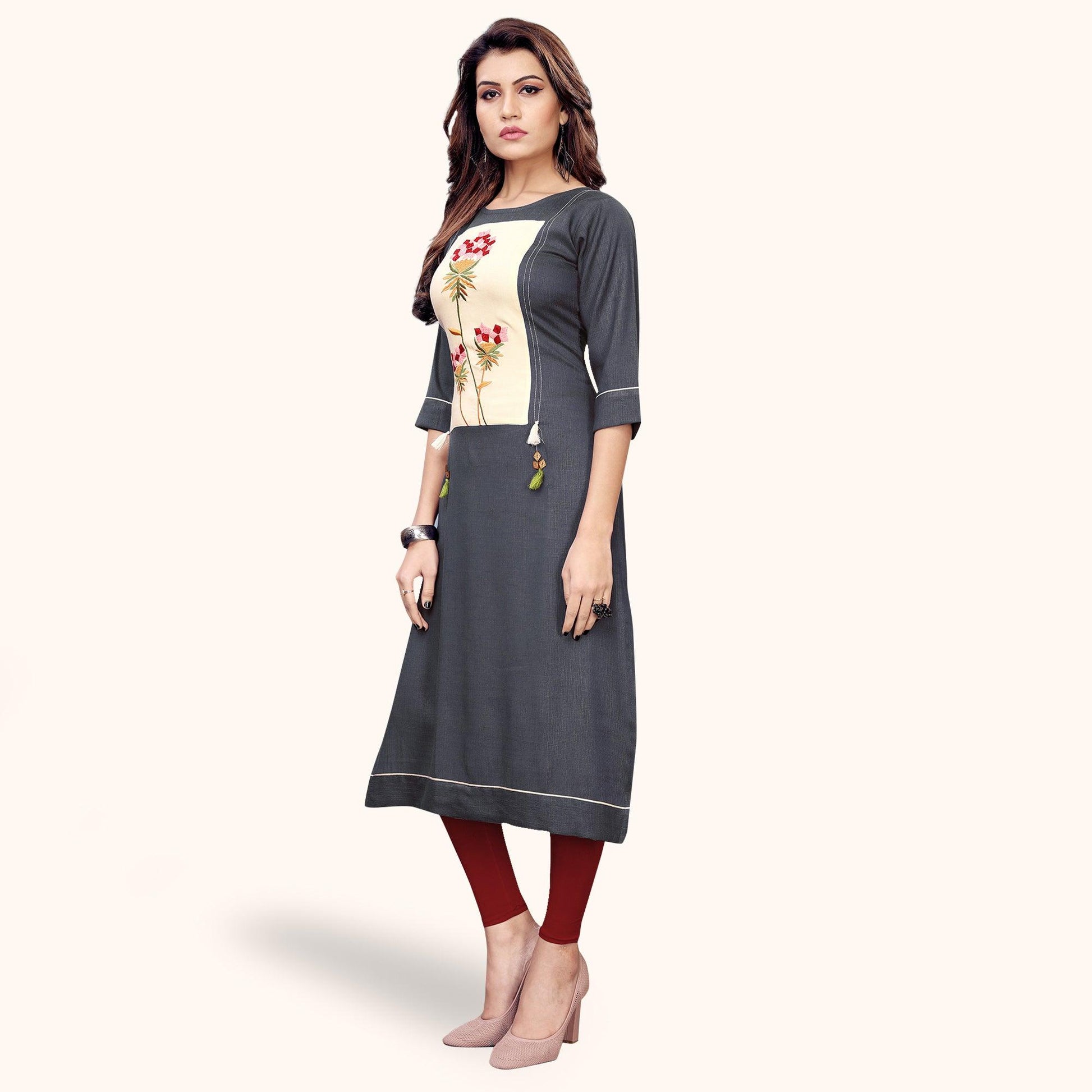 Excellent Gray Colored Partywear Embroidered Rayon Kurti