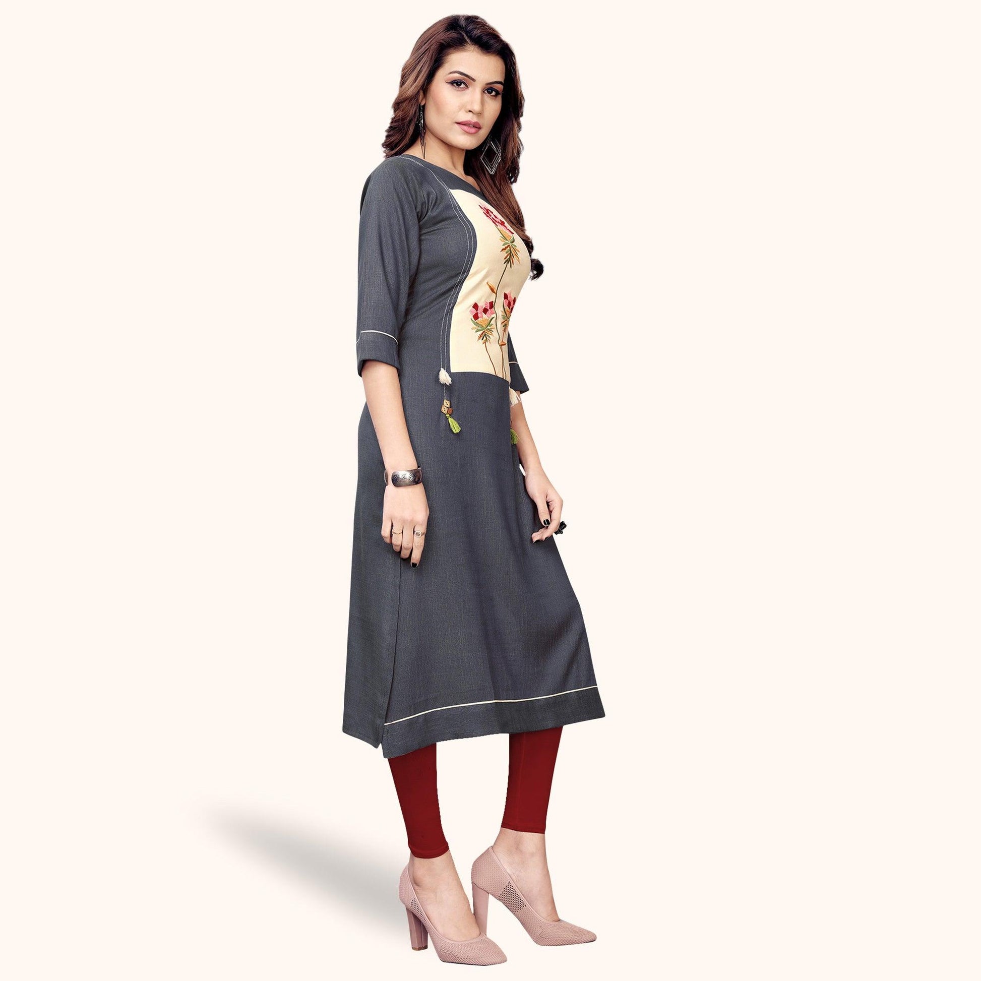 Excellent Gray Colored Partywear Embroidered Rayon Kurti