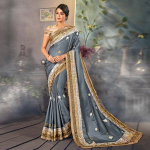 Excellent Gray Colored Partywear Embroidered Satin Saree