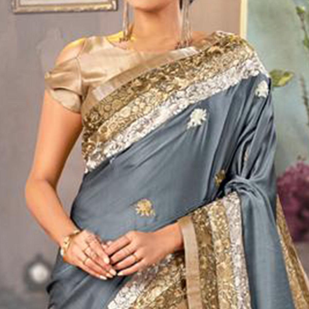 Excellent Gray Colored Partywear Embroidered Satin Saree
