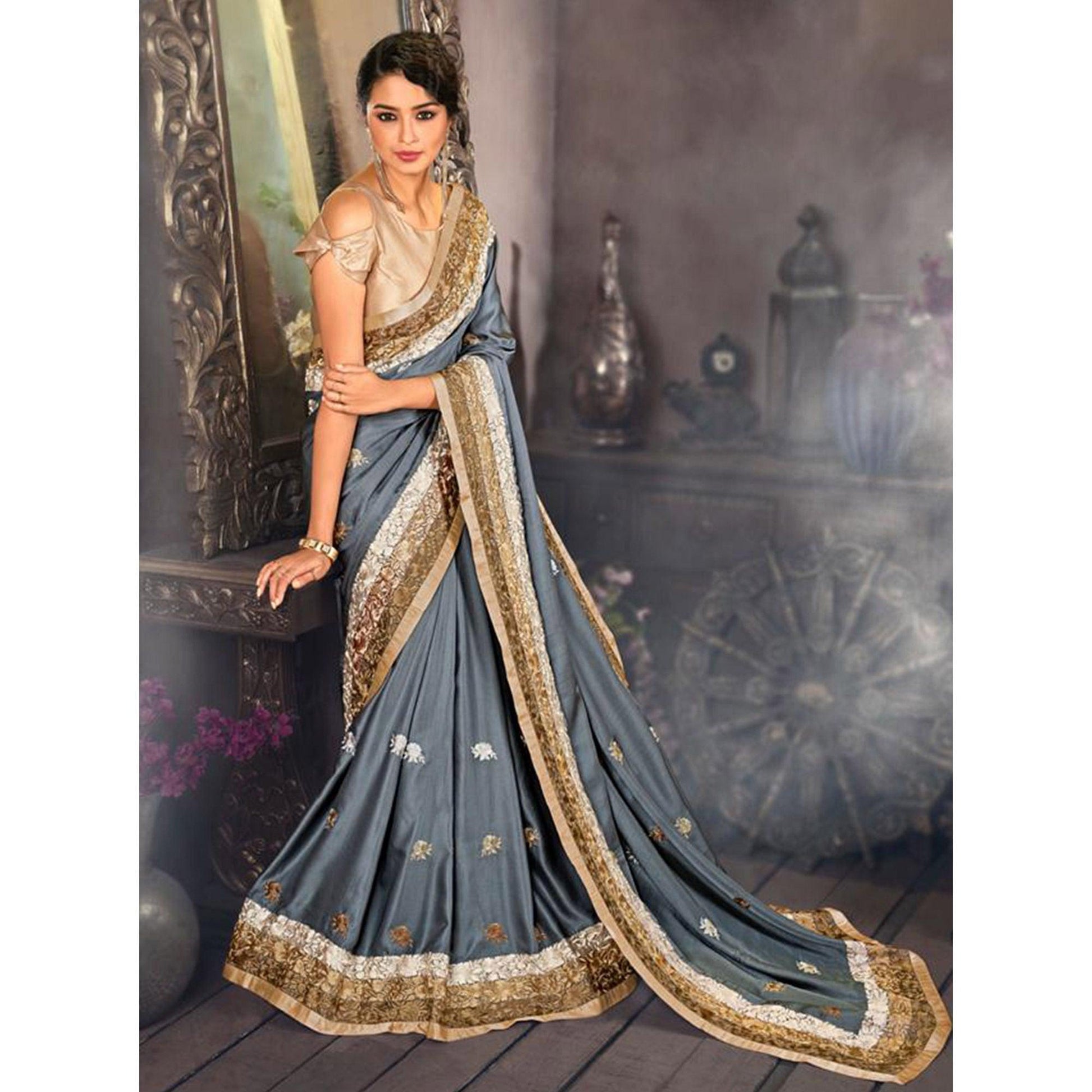 Excellent Gray Colored Partywear Embroidered Satin Saree