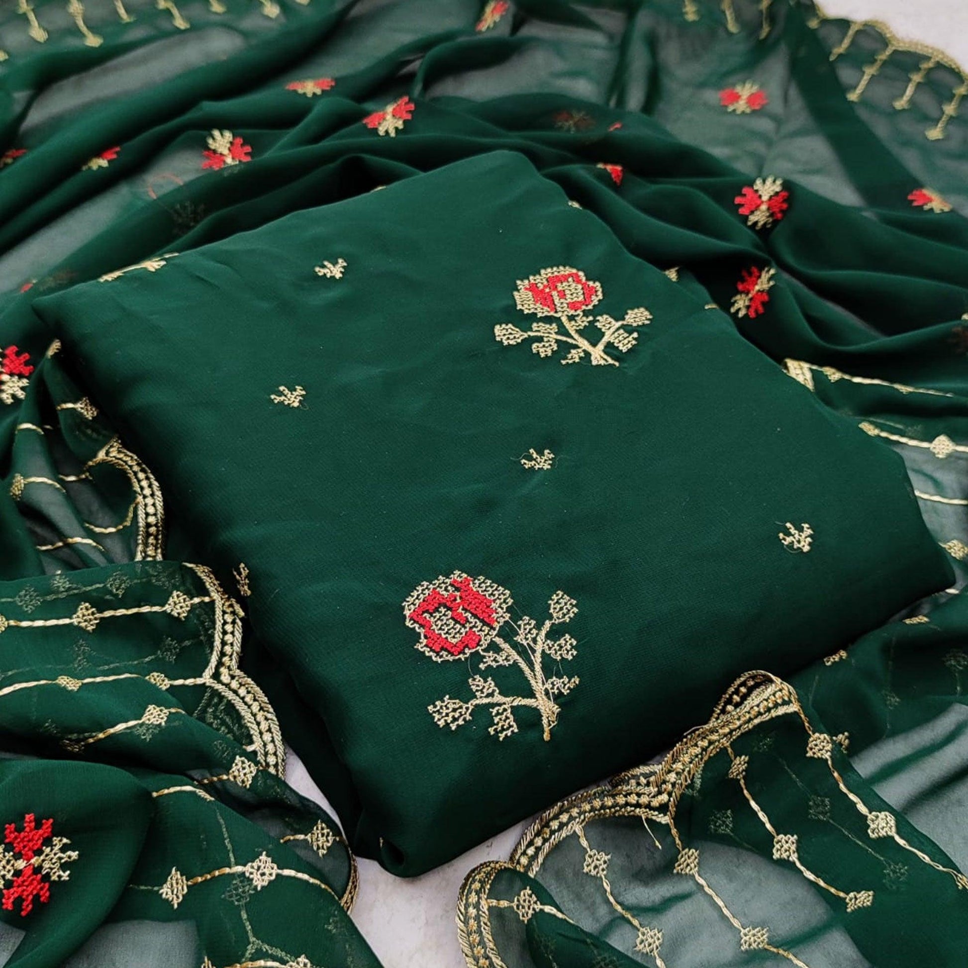 Excellent Green Colored Casual Wear Embroidered Georgette Dress Material