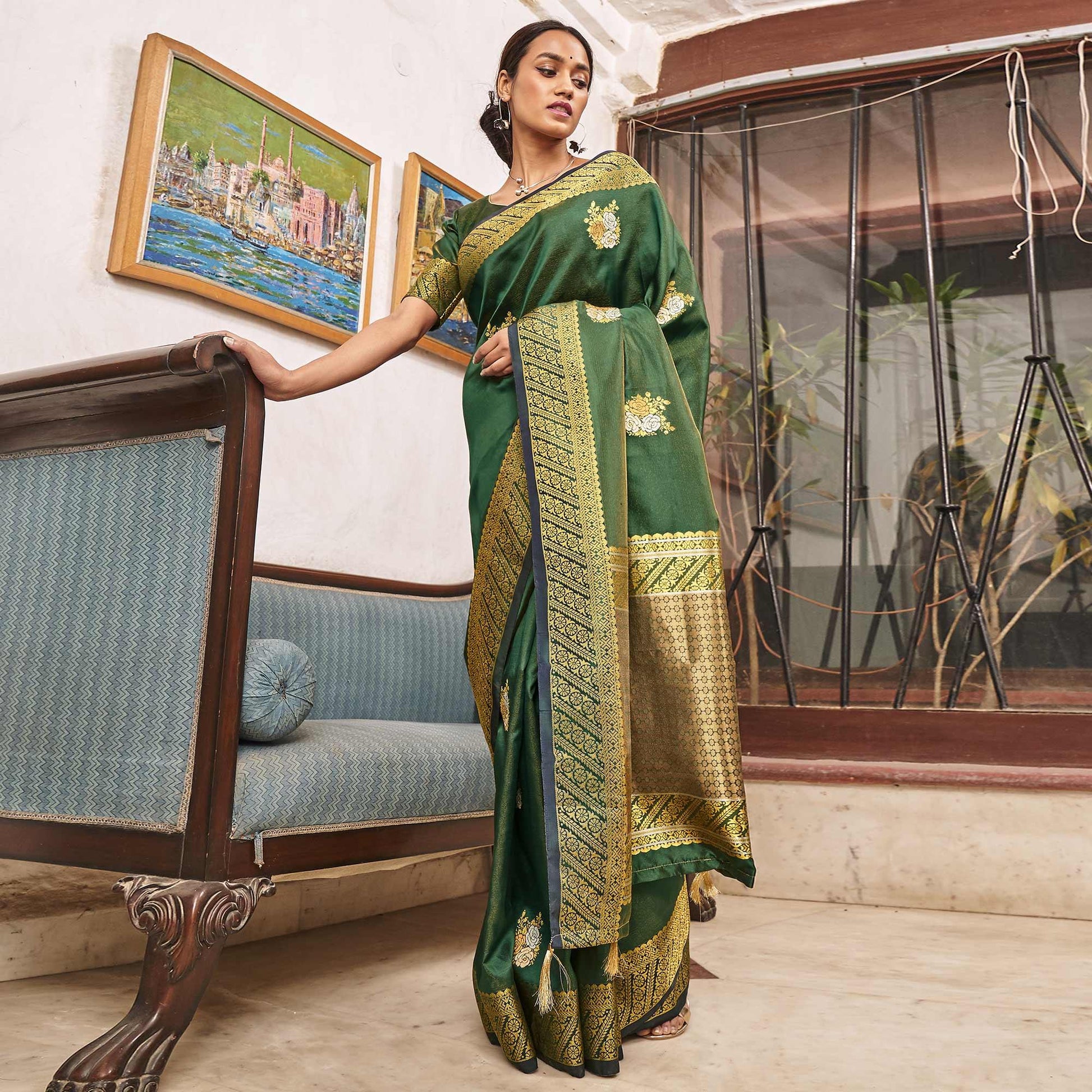 Excellent Green Colored Festive Wear Woven Silk Saree