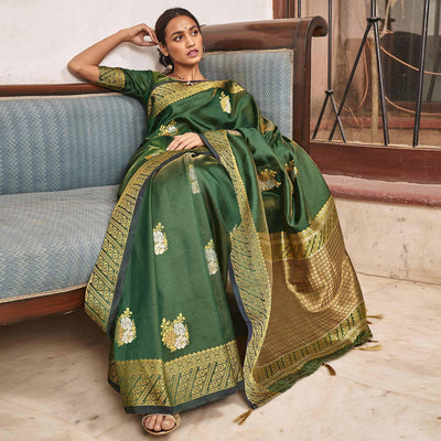 Excellent Green Colored Festive Wear Woven Silk Saree