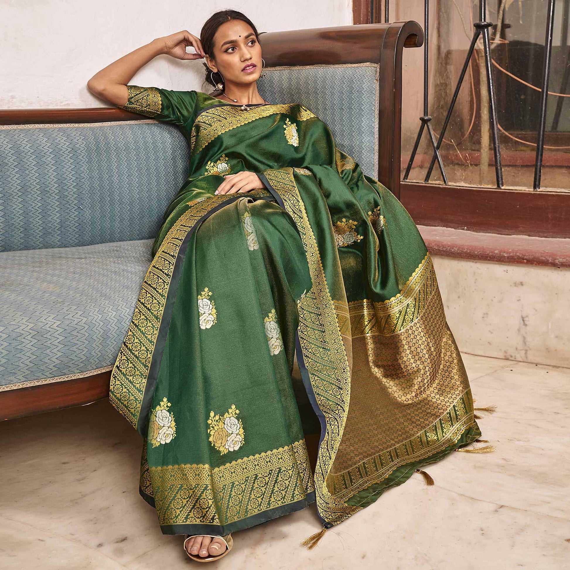 Excellent Green Colored Festive Wear Woven Silk Saree