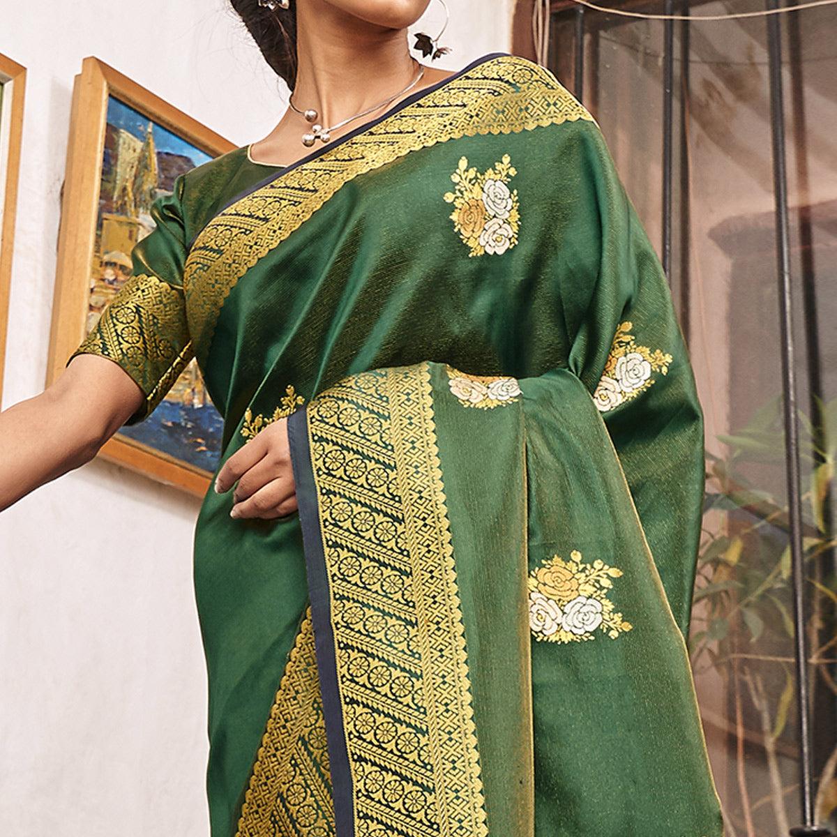 Excellent Green Colored Festive Wear Woven Silk Saree