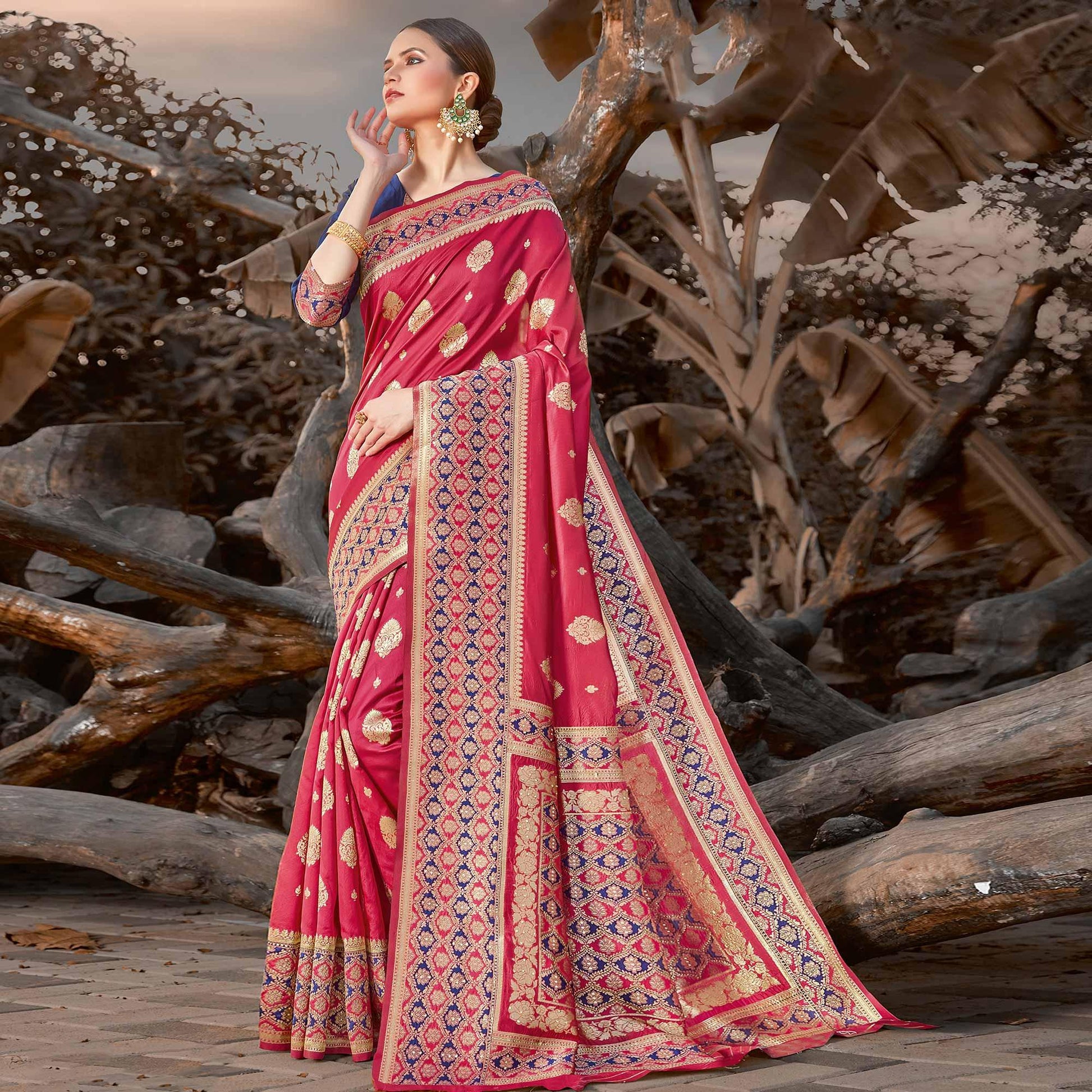 Excellent Magenta Pink Colored Festive Wear Woven Silk Saree