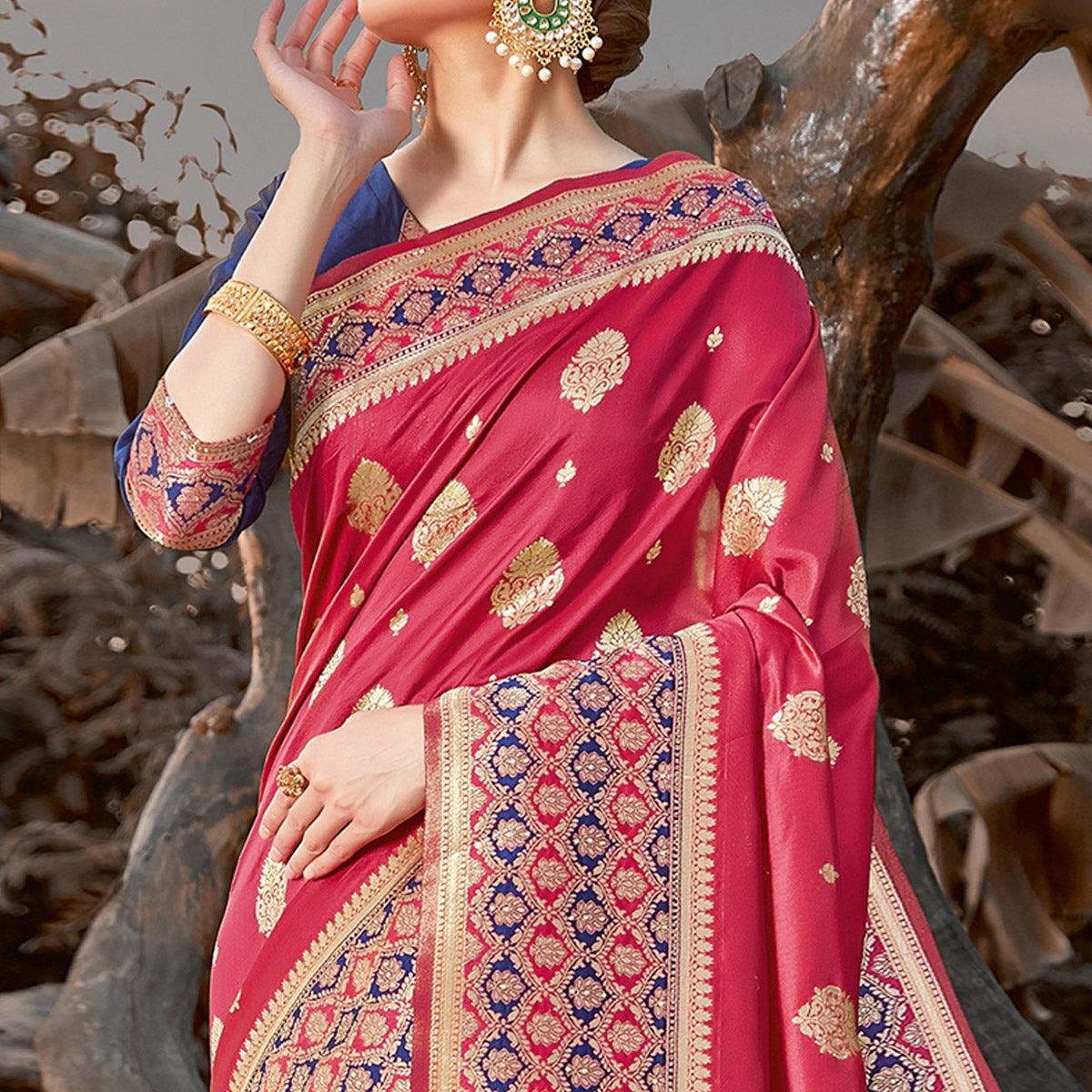 Excellent Magenta Pink Colored Festive Wear Woven Silk Saree