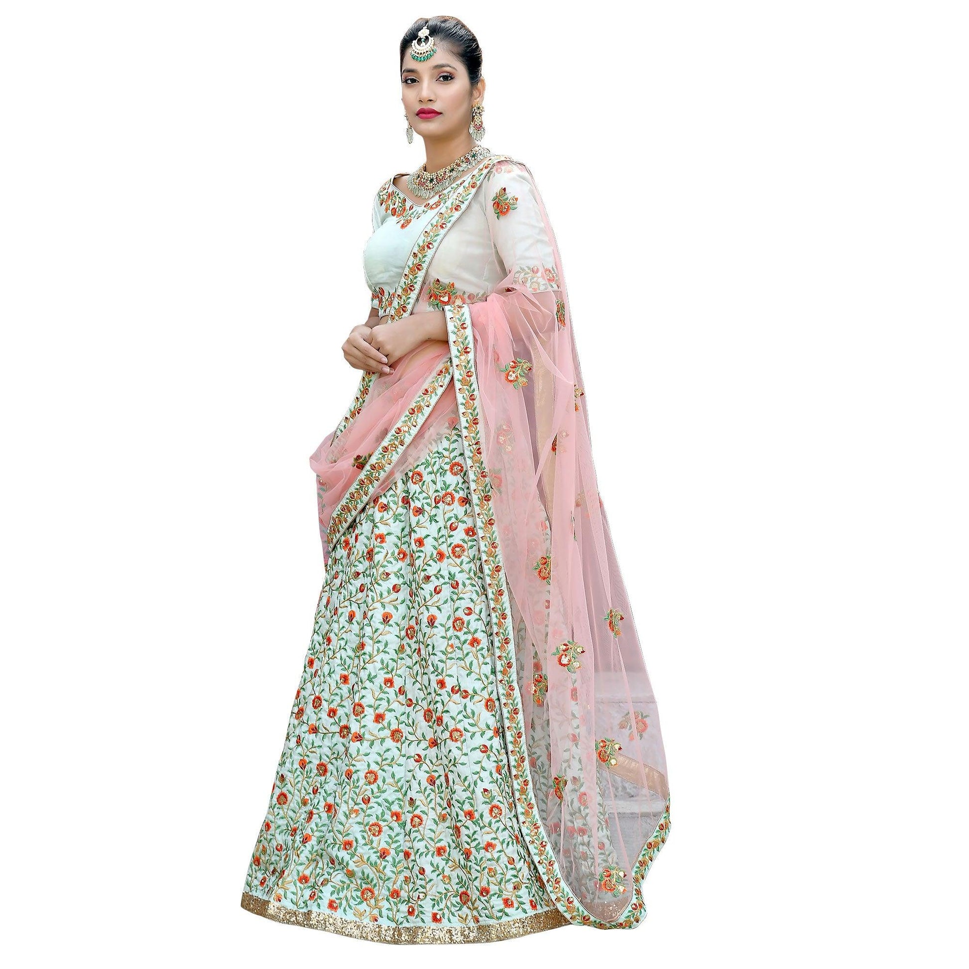 Excellent Mint Green Colored Party Wear Embroidered Silk Lehenga Choli
