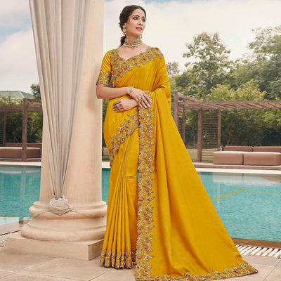 Excellent Mustard Coloured Partywear Embroidered Silk Saree