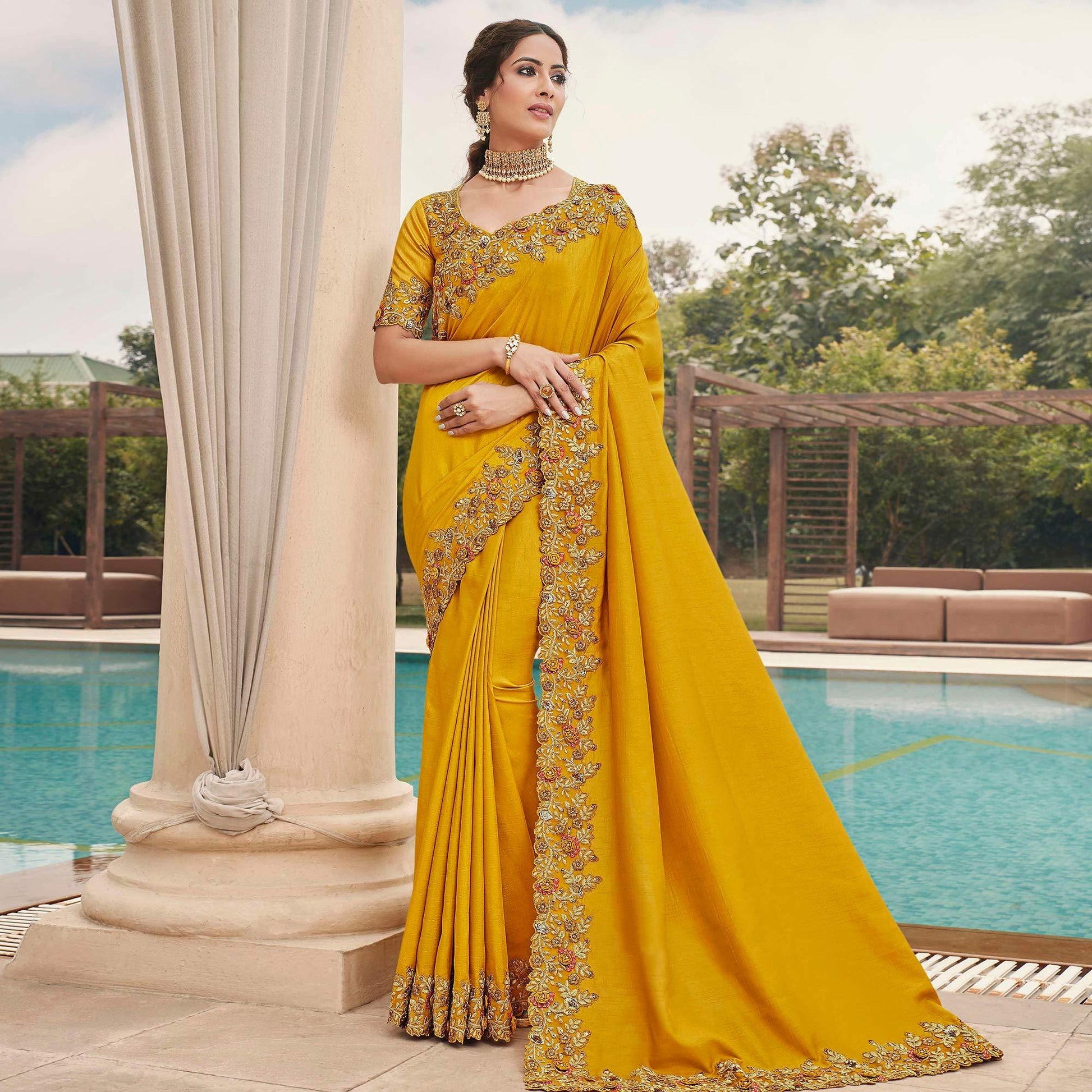 Excellent Mustard Coloured Partywear Embroidered Silk Saree