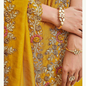 Excellent Mustard Coloured Partywear Embroidered Silk Saree