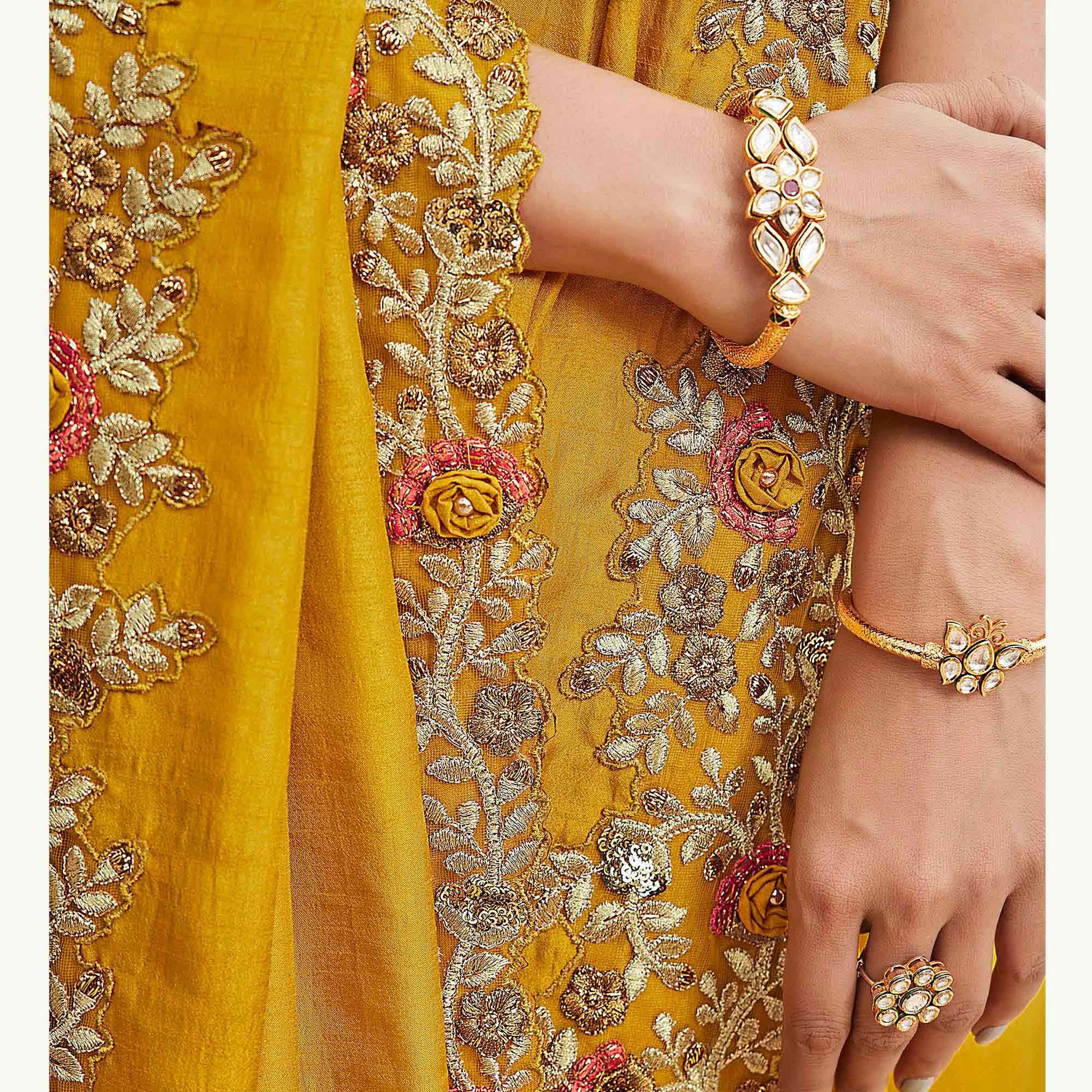 Excellent Mustard Coloured Partywear Embroidered Silk Saree