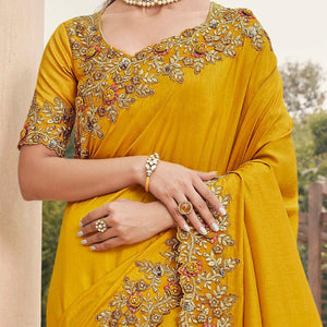 Excellent Mustard Coloured Partywear Embroidered Silk Saree