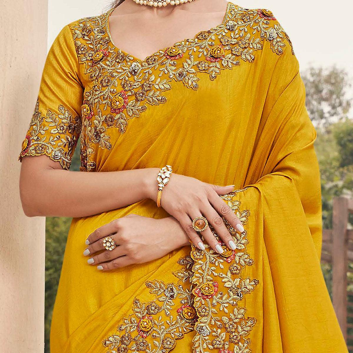 Excellent Mustard Coloured Partywear Embroidered Silk Saree