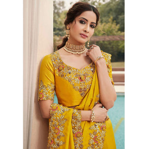 Excellent Mustard Coloured Partywear Embroidered Silk Saree
