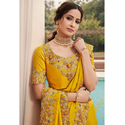 Excellent Mustard Coloured Partywear Embroidered Silk Saree