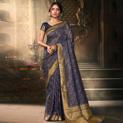 Excellent Navy Blue Colored Festive Wear Woven Banarasi Silk Saree
