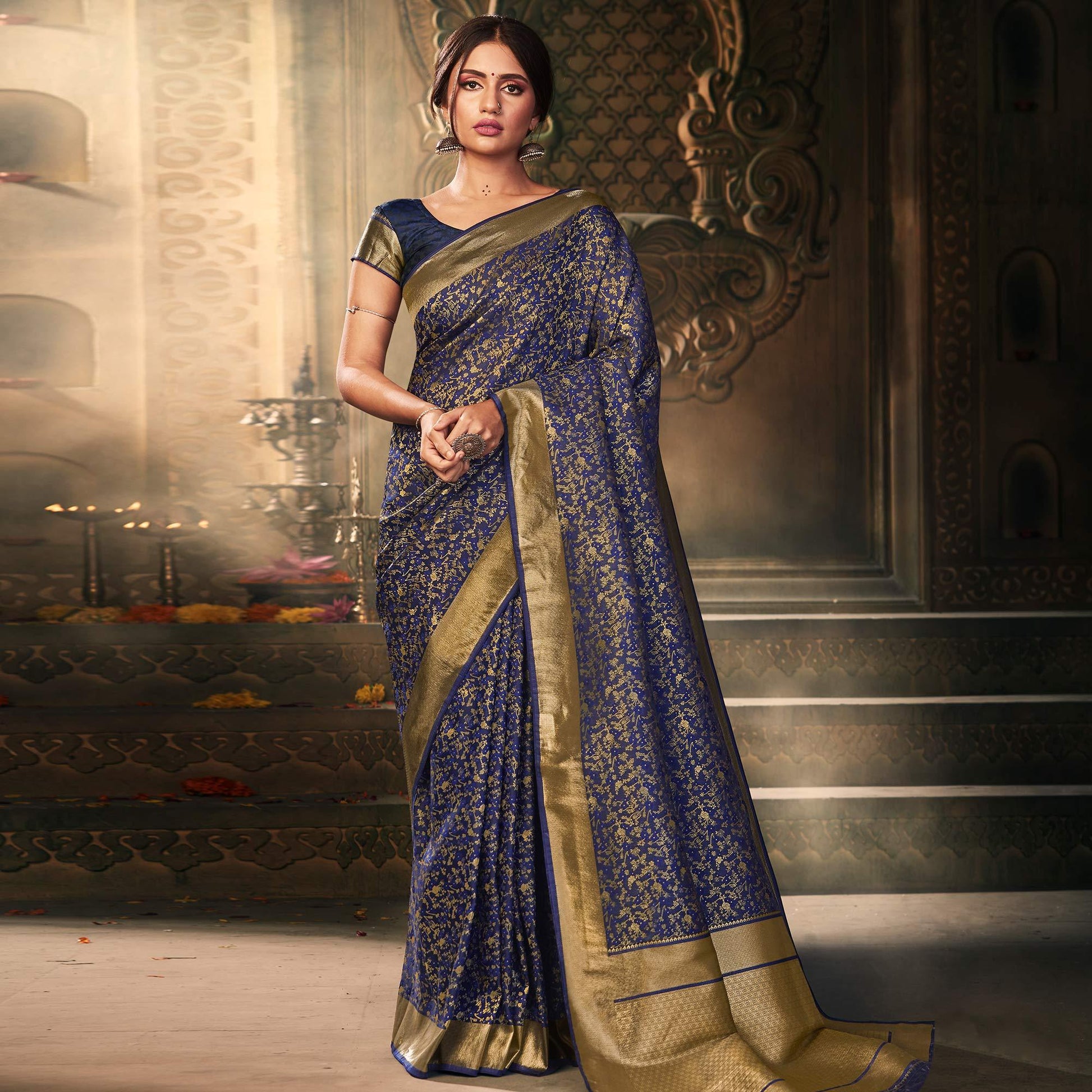 Excellent Navy Blue Colored Festive Wear Woven Banarasi Silk Saree