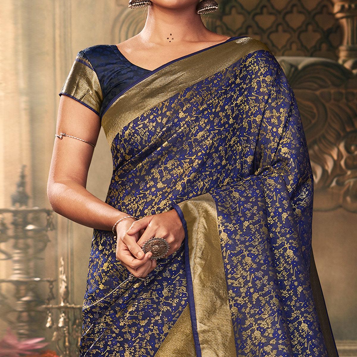 Excellent Navy Blue Colored Festive Wear Woven Banarasi Silk Saree