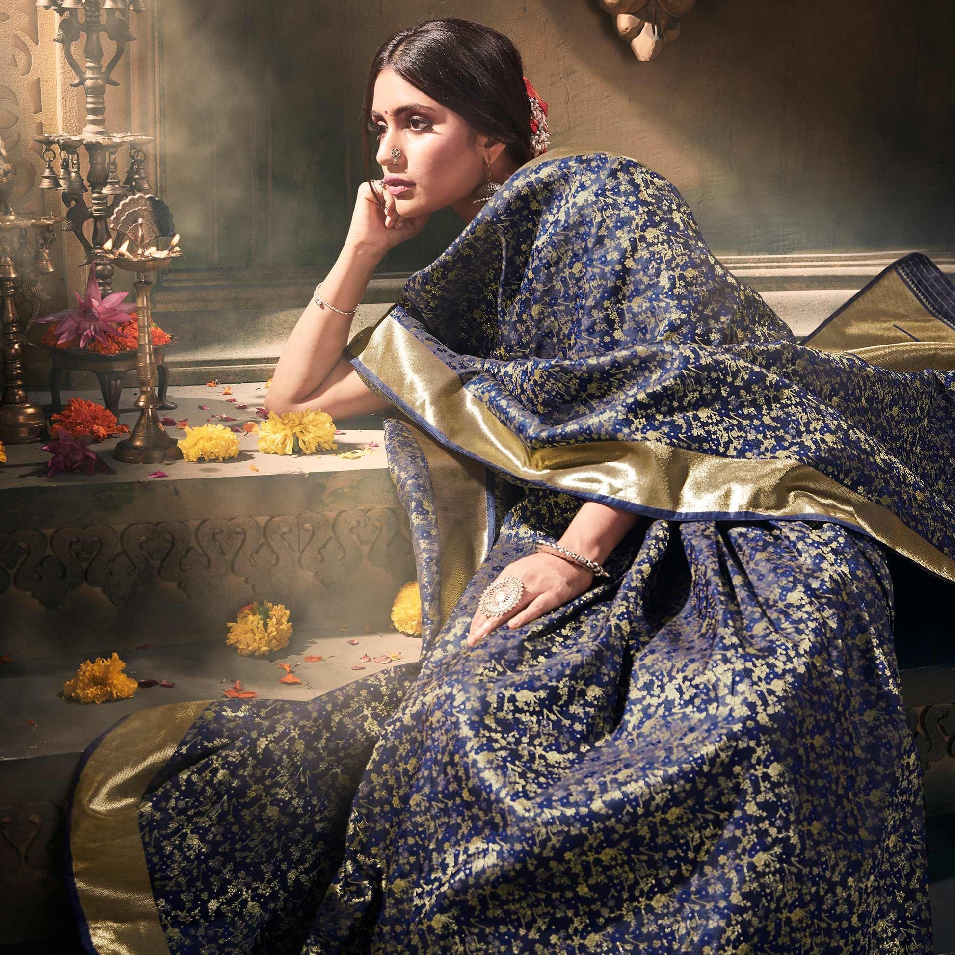Excellent Navy Blue Colored Festive Wear Woven Banarasi Silk Saree