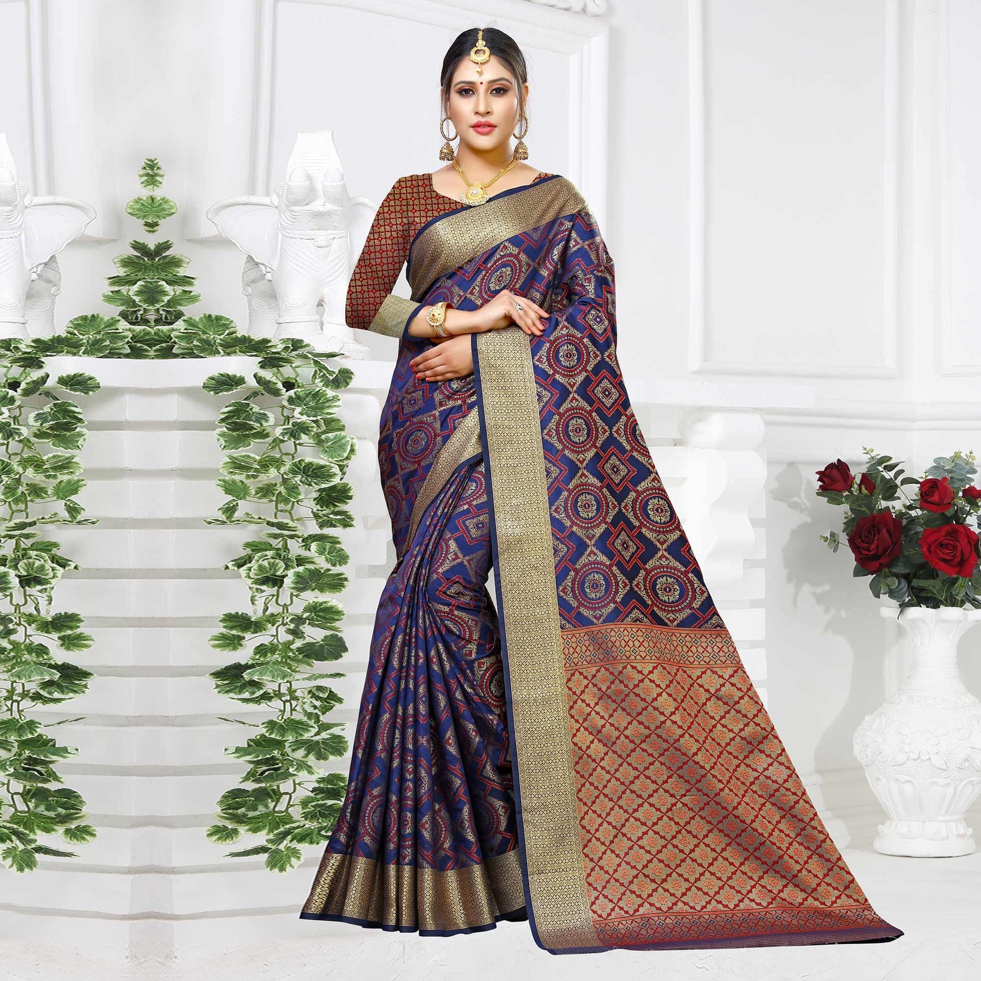 Excellent Navy Blue Colored Festive Wear Woven Silk Saree